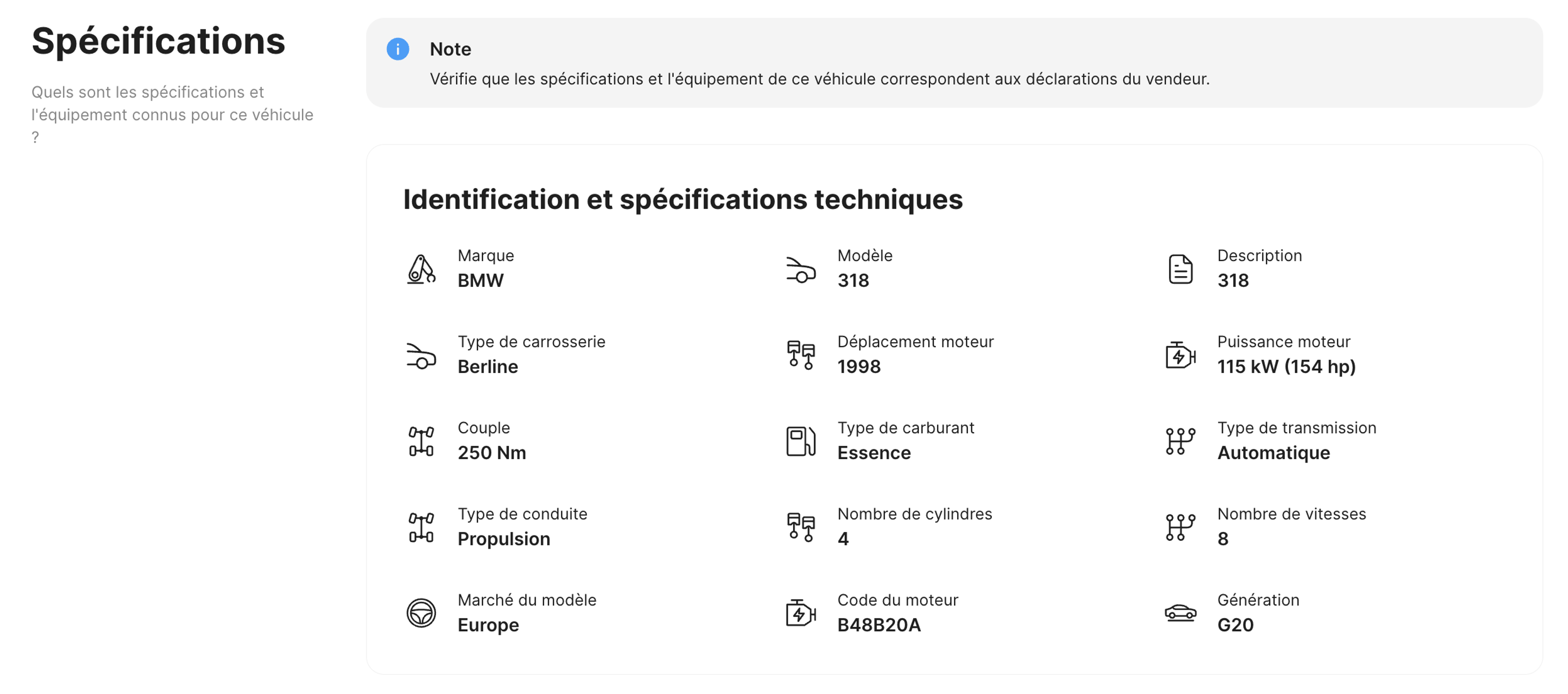 Spécifications du véhicule dans un rapport d’historique de carVertical