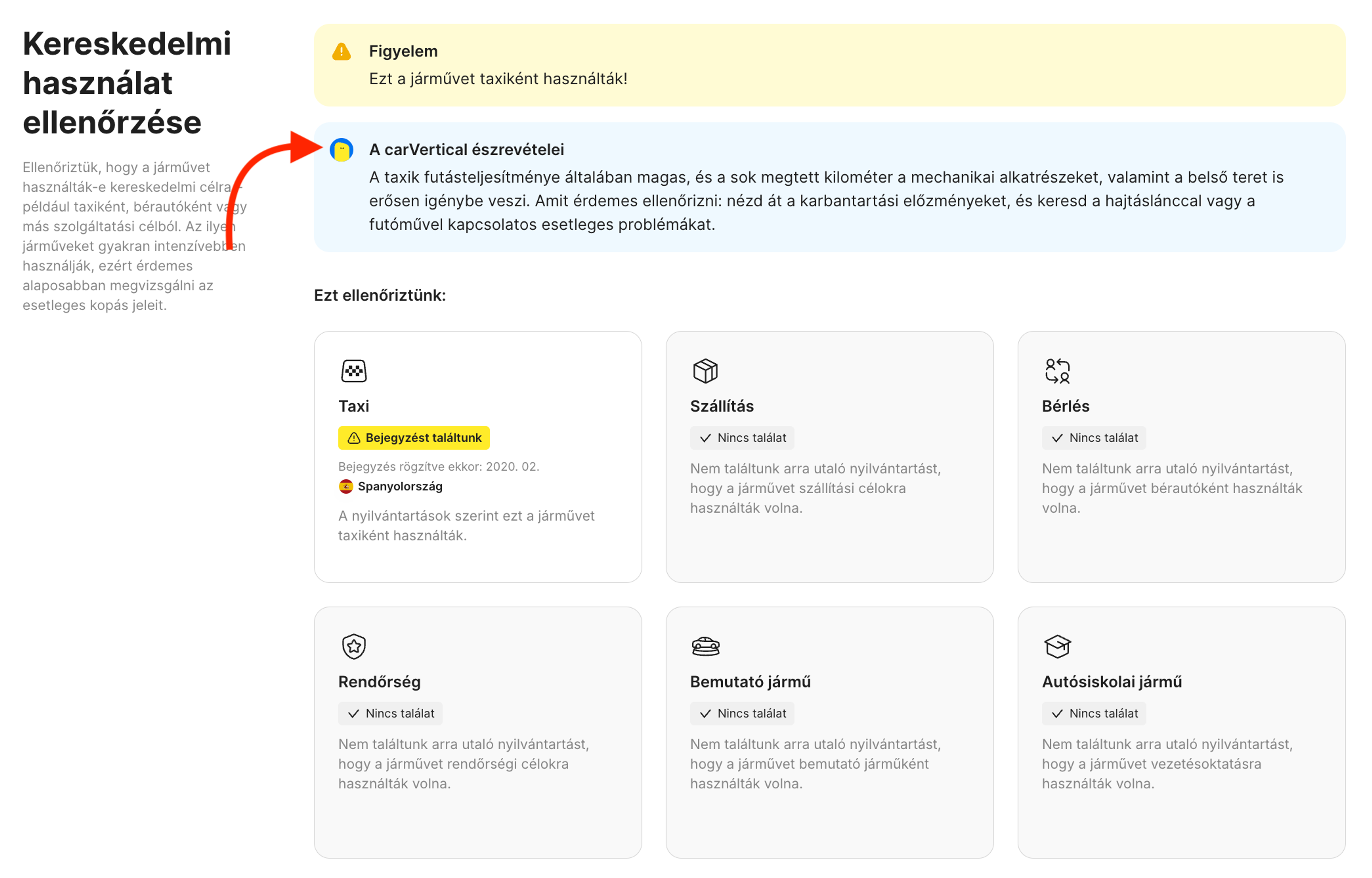 A „carVertical észrevételei” funkció a „Kereskedelmi használat ellenőrzése” szakaszban