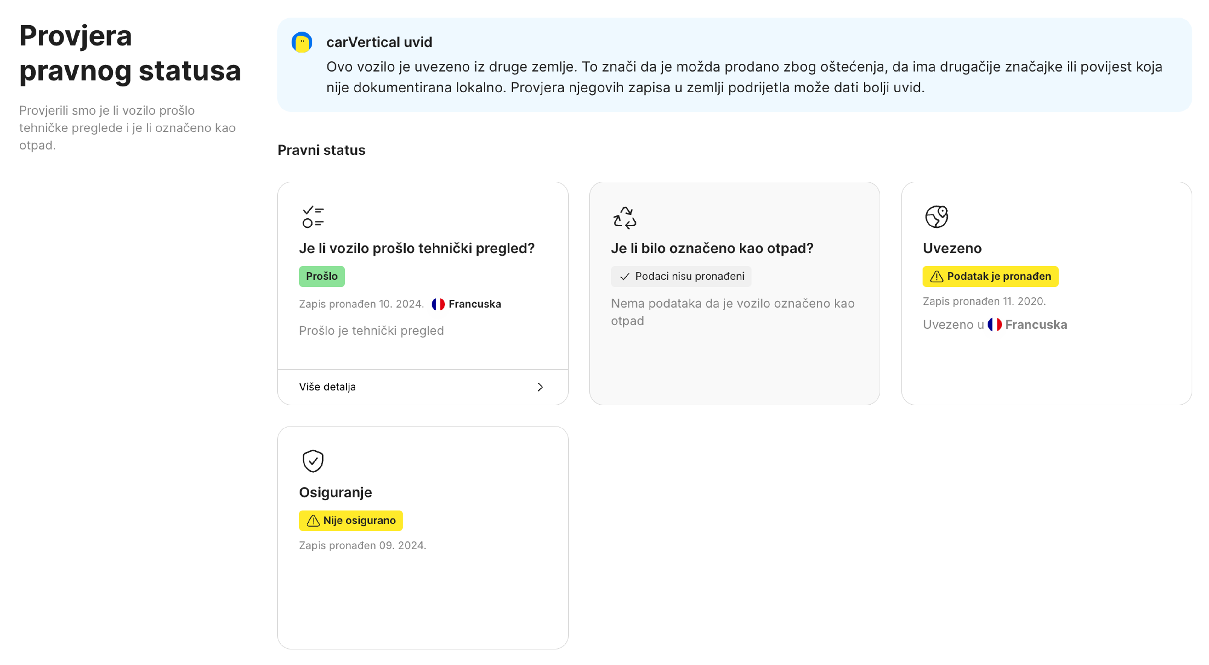 Funkcija pravnog statusa u carVertical izvješću