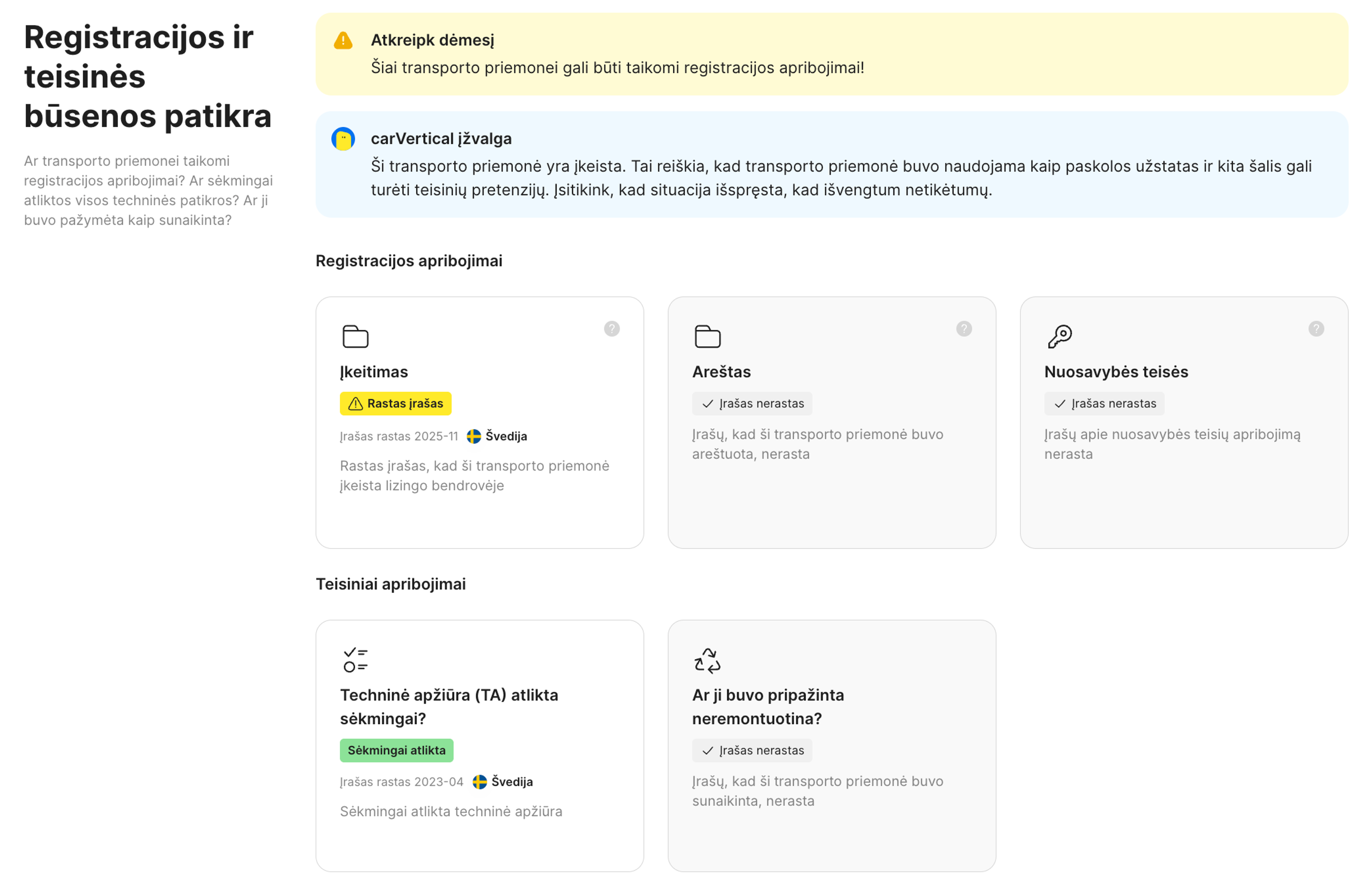 registracijos ir teisinio statuso skiltis carVertical ataskaitoje