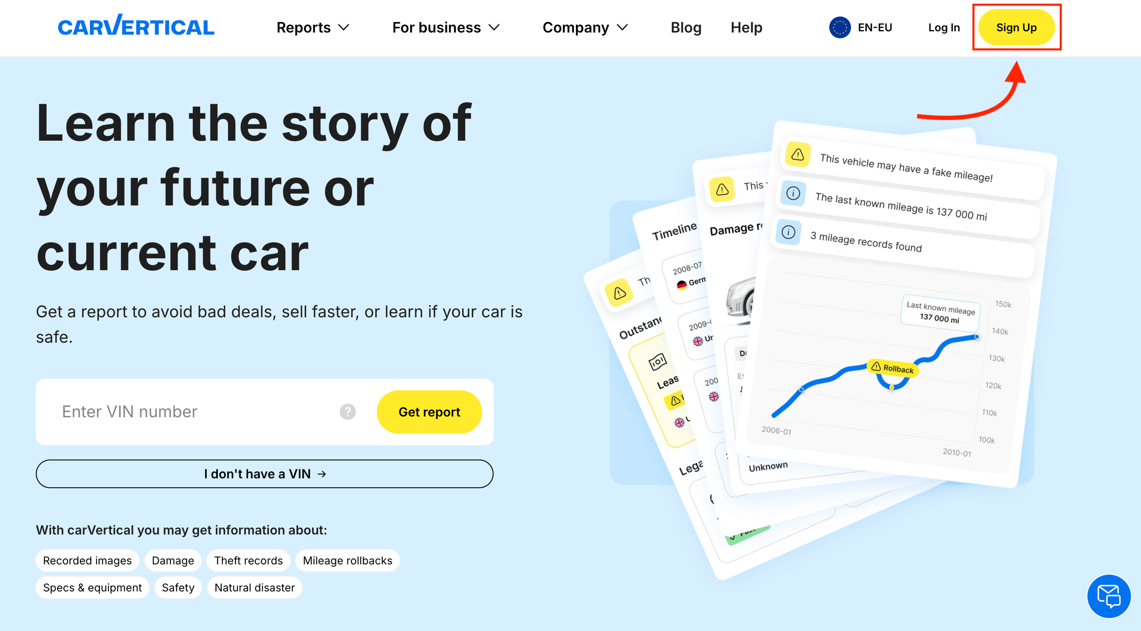 carVertical sign up interface