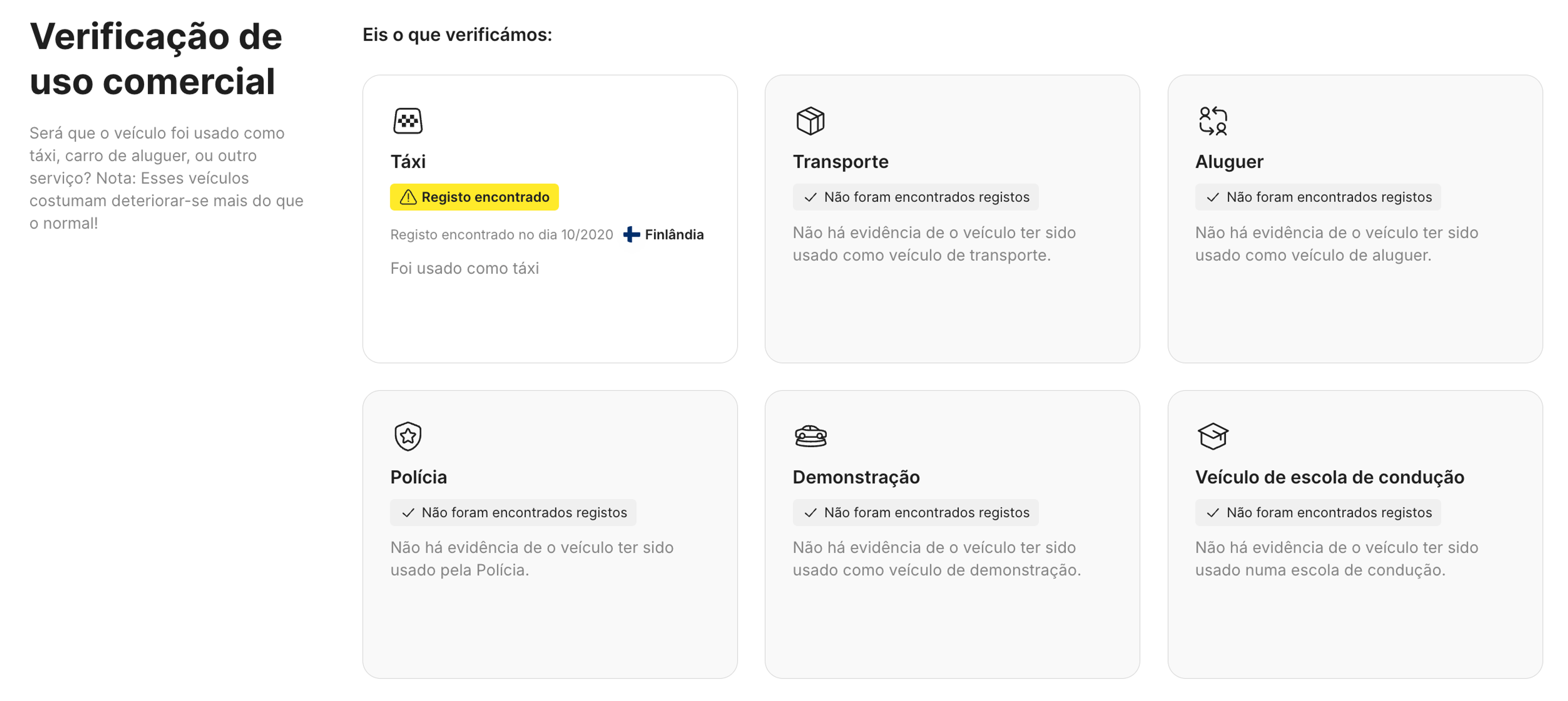 Secção “Propósito” de um relatório da carVertical relativo a um veículo que foi usado como táxi