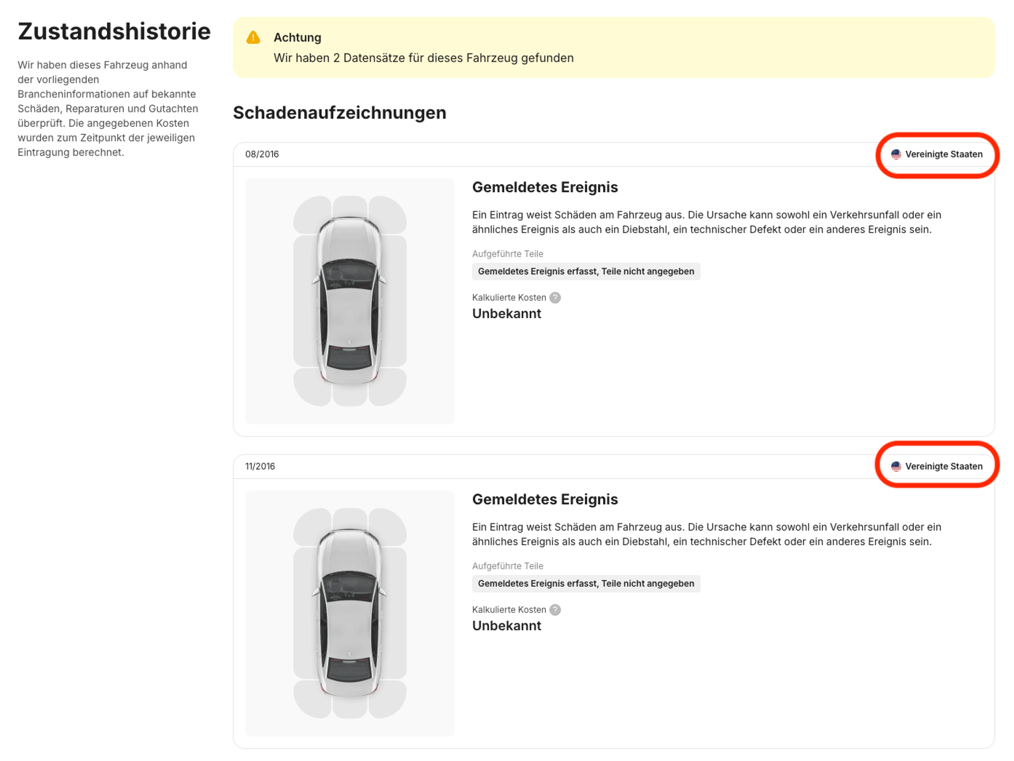 Schadenaufzeichnungen im carVertical-Bericht
