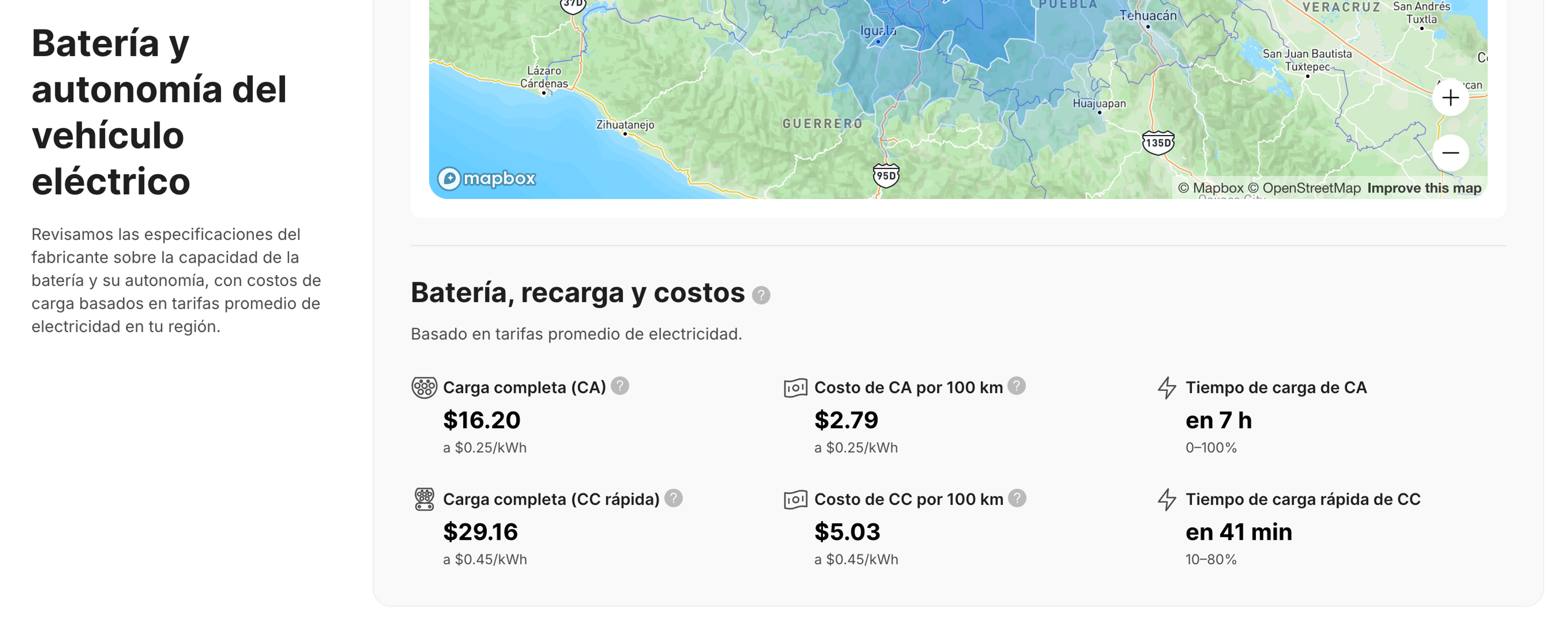 Estimaciones del tiempo y el costo de recarga de los vehículos eléctricos en el reporte vehicular.