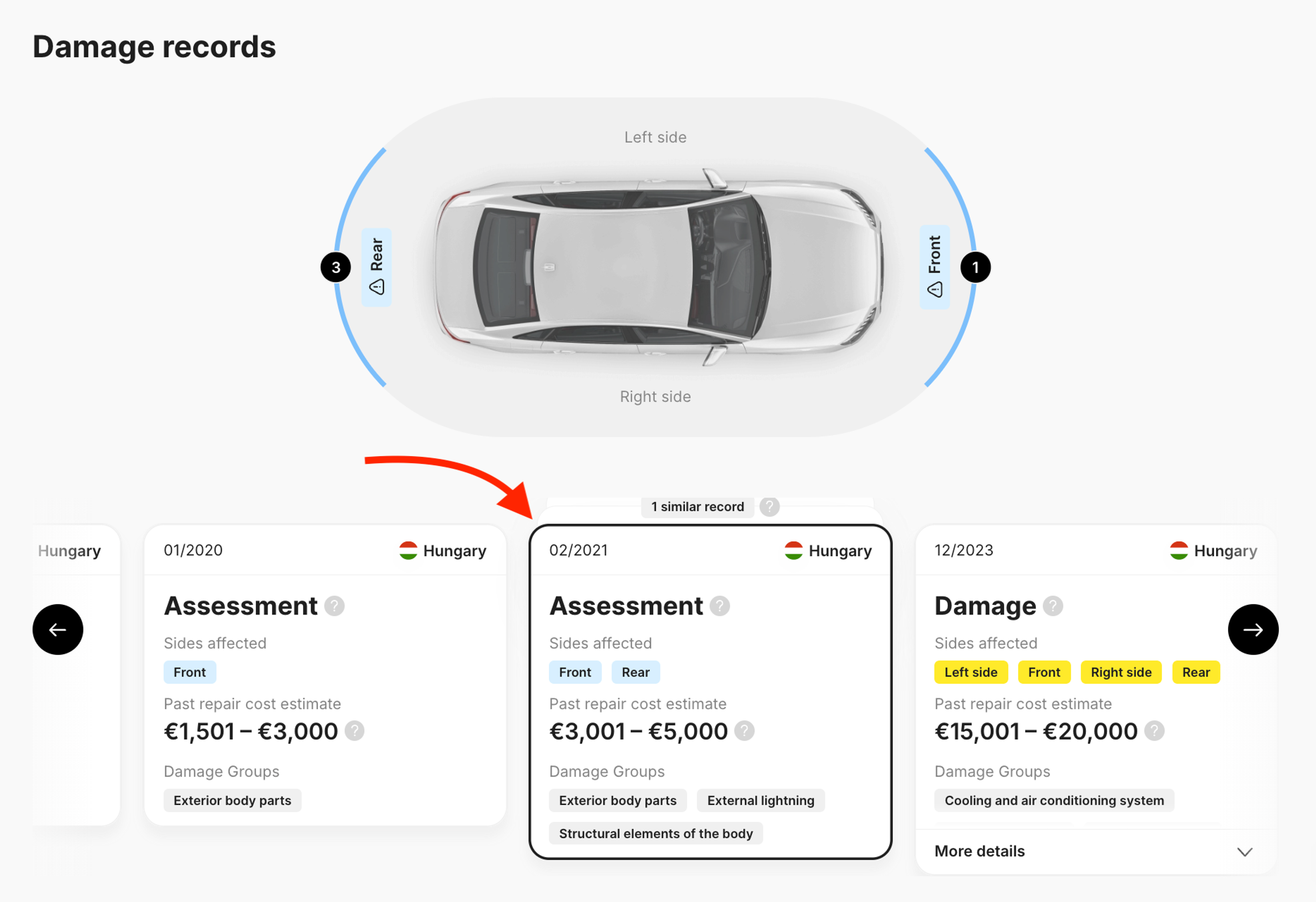 Damage and Assessment cards in the carVertical report