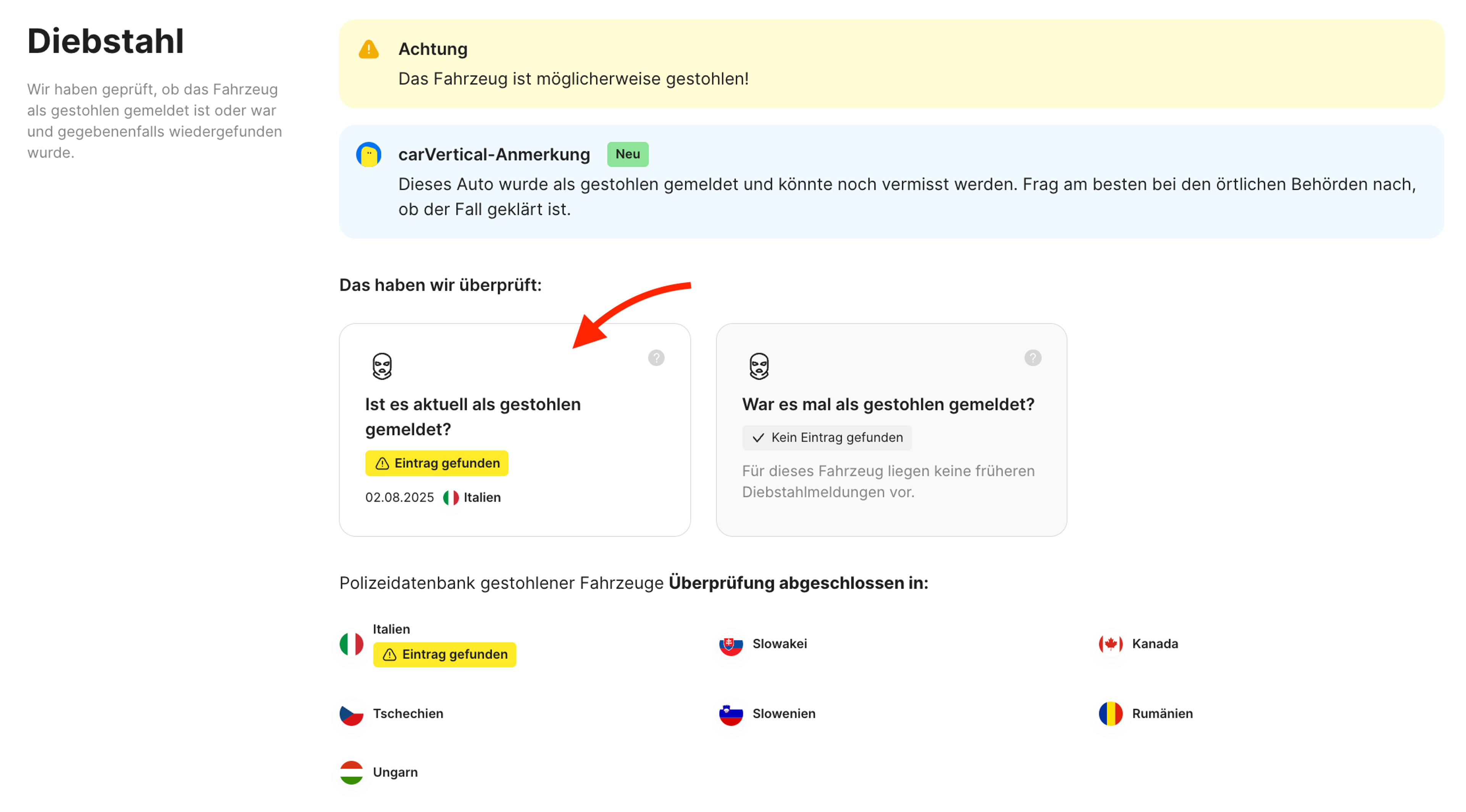 Diebstahl-Eintrag in einem carVertical-Bericht