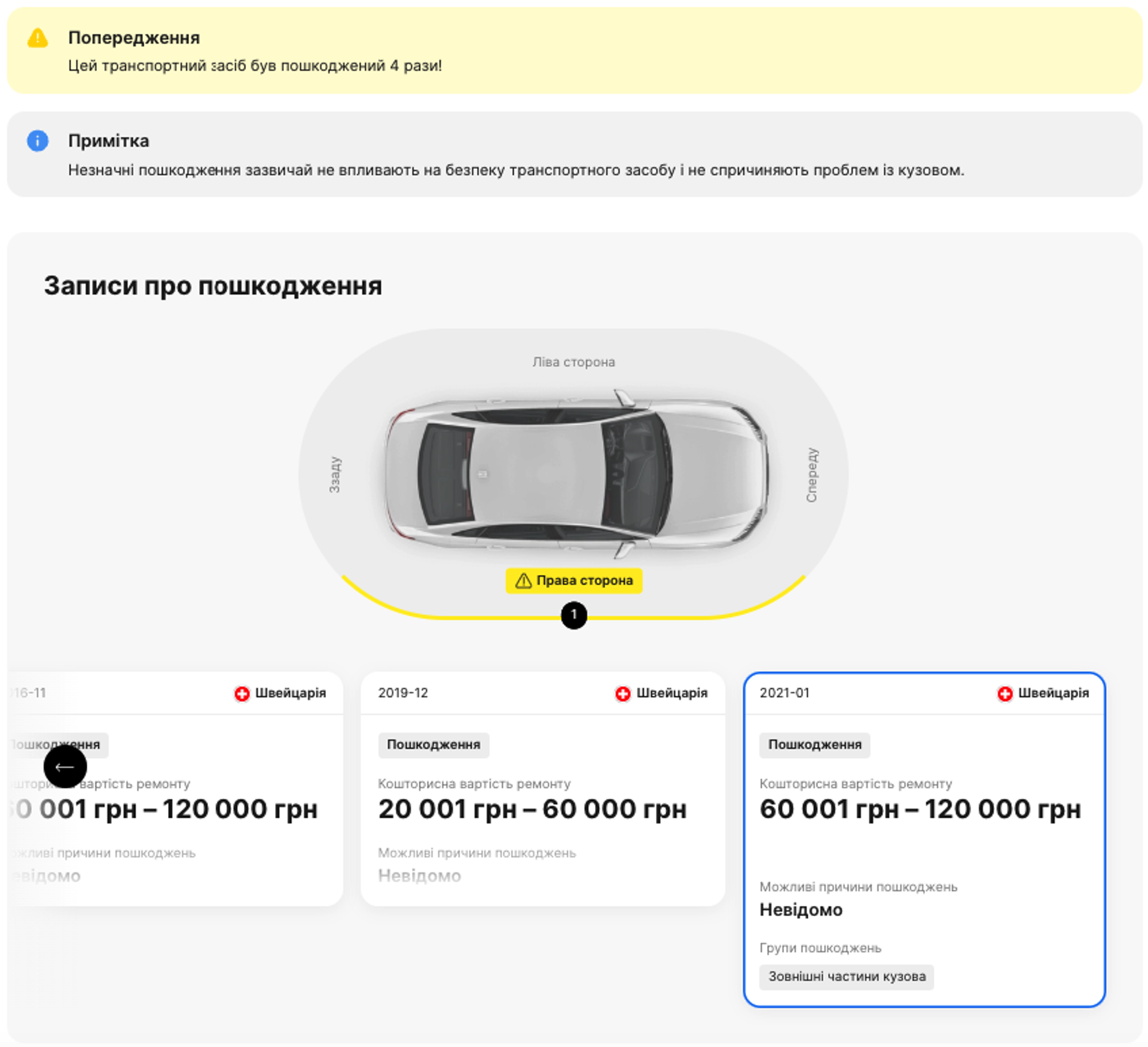 розділ «Пошкодження» у звіті carVertical