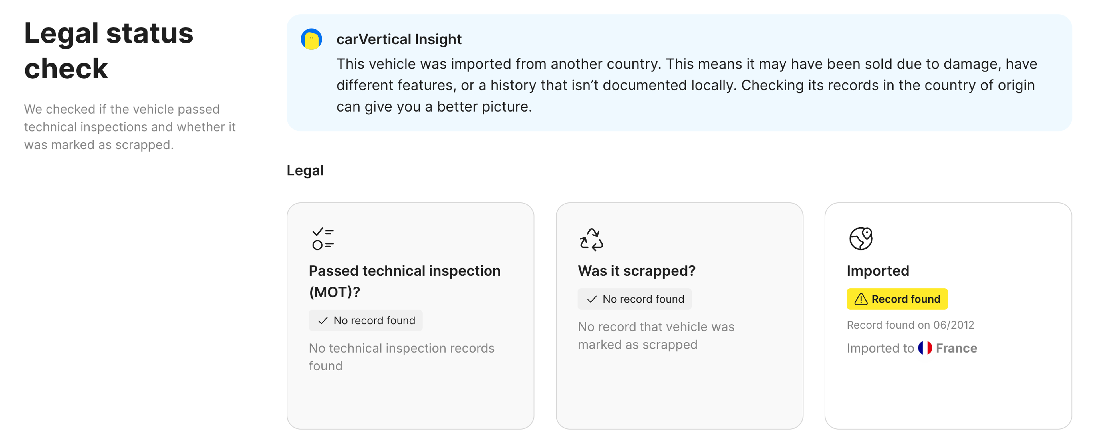 legal status feature in carVertical report