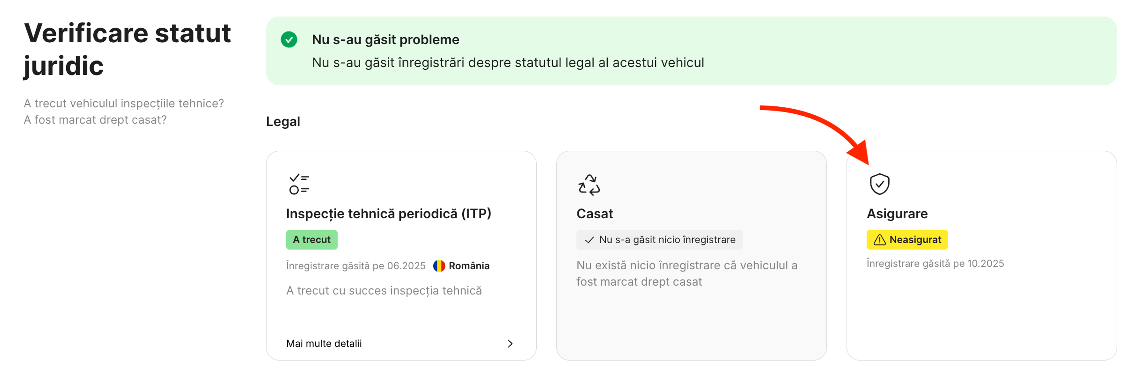 Rubrica Asigurare din secțiunea Verificare statut juridic