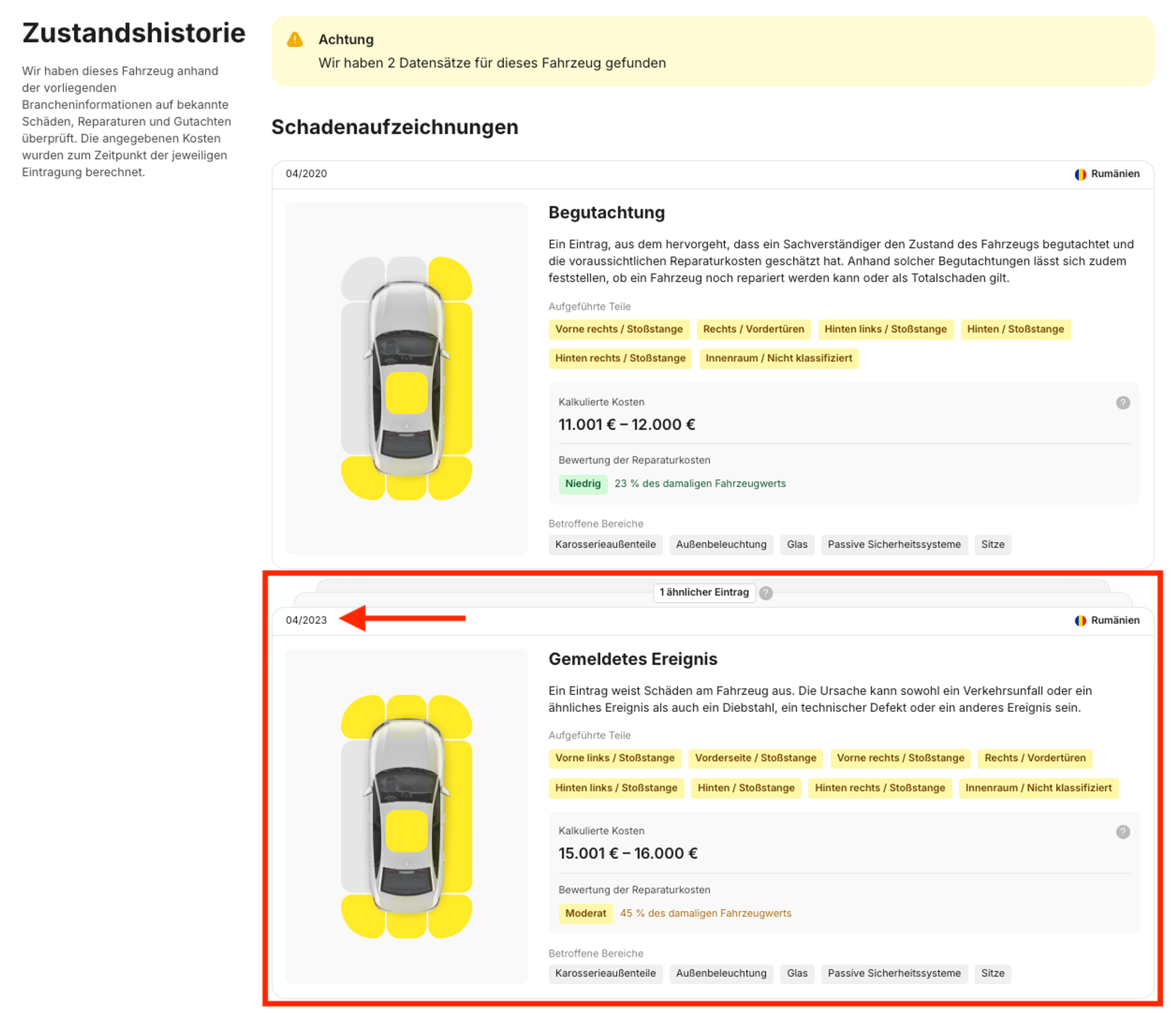 Schaden- und Gutachteneinträge im carVertical-Bericht