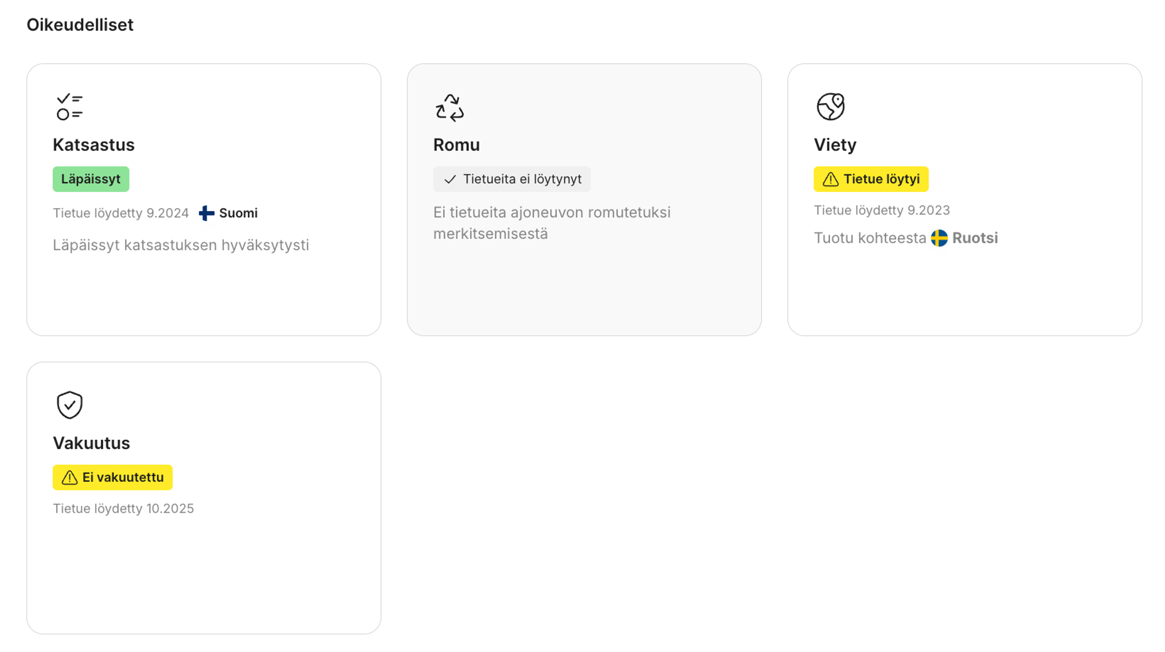 rekisteröinti ja oikeudellinen asema -osio carVertical-raportissa