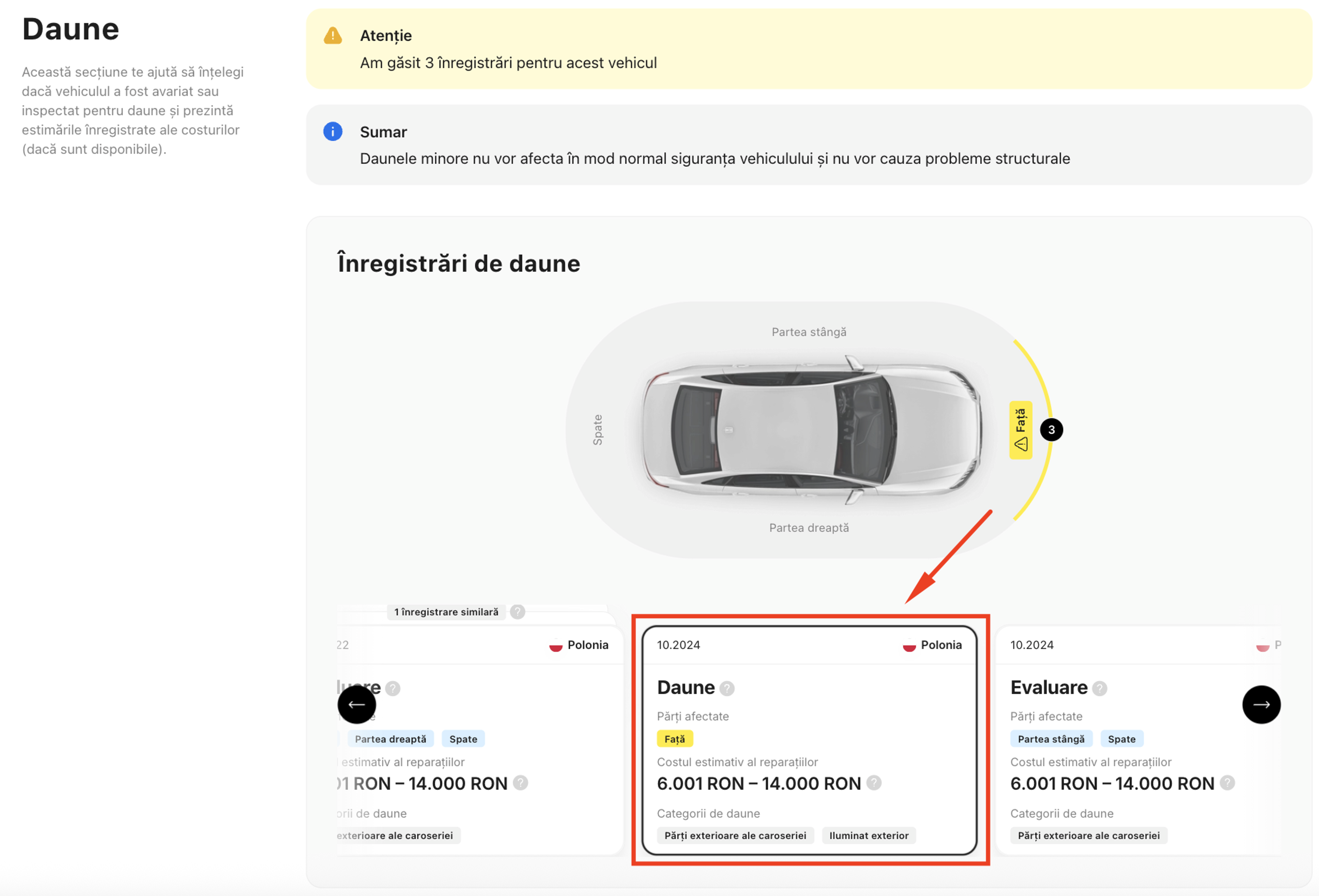 Exemplu de înregistrare a daunelor în raportul carVertical