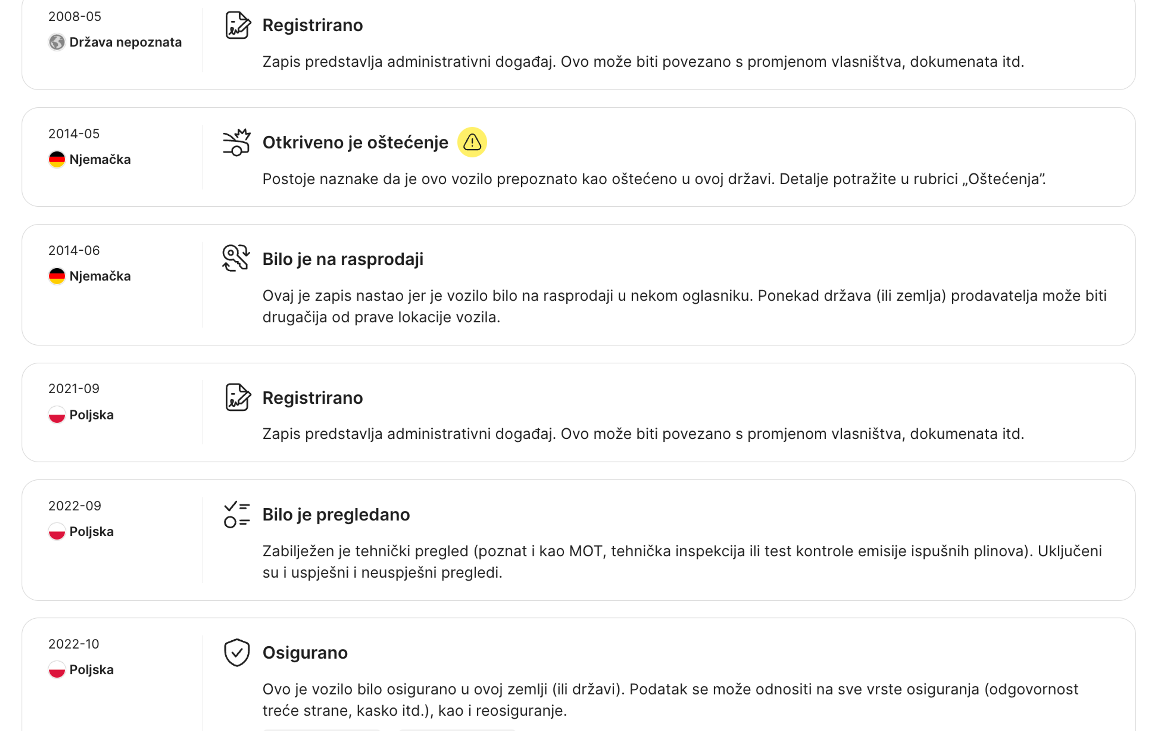 a carVertical jelentés idővonal szakaszában található rekordok
