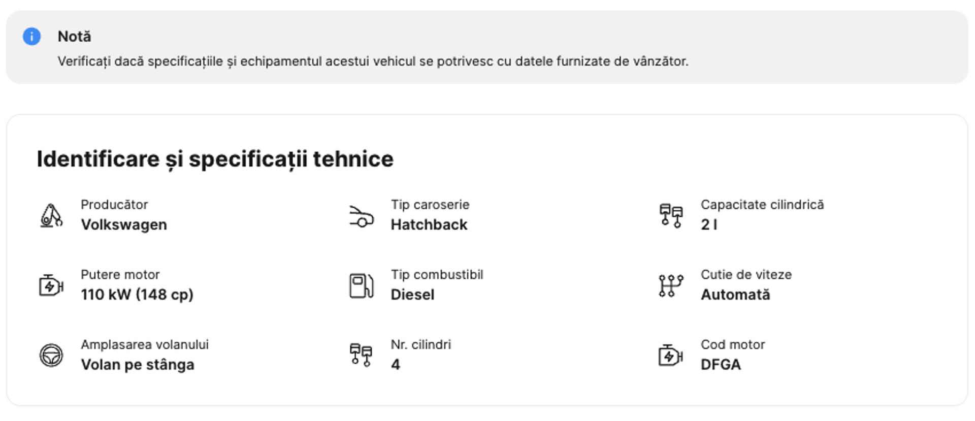 Secțiunea cu specificații din raportul de istoric al vehiculului carVertical