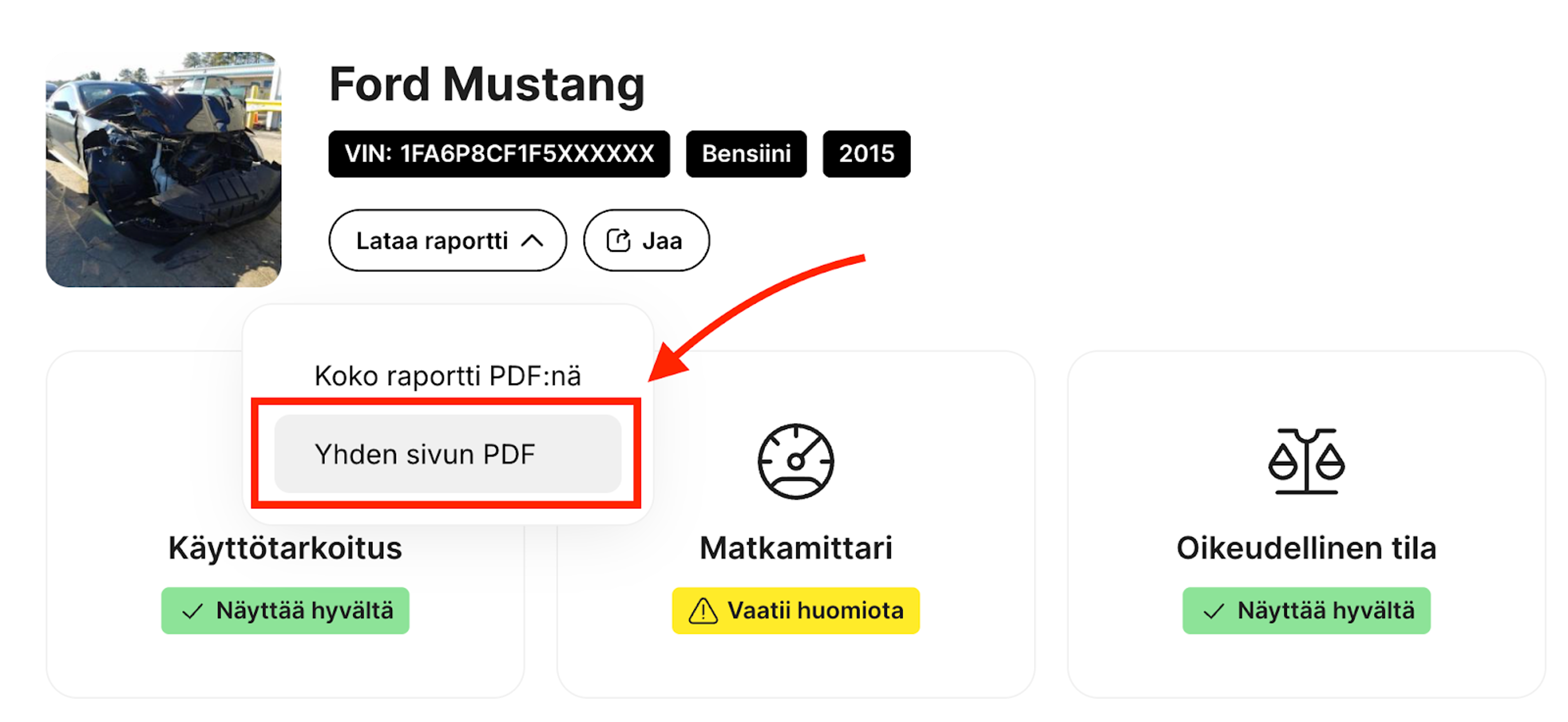 Miten ladata carVertical-raportin PDF-tiivistelmä