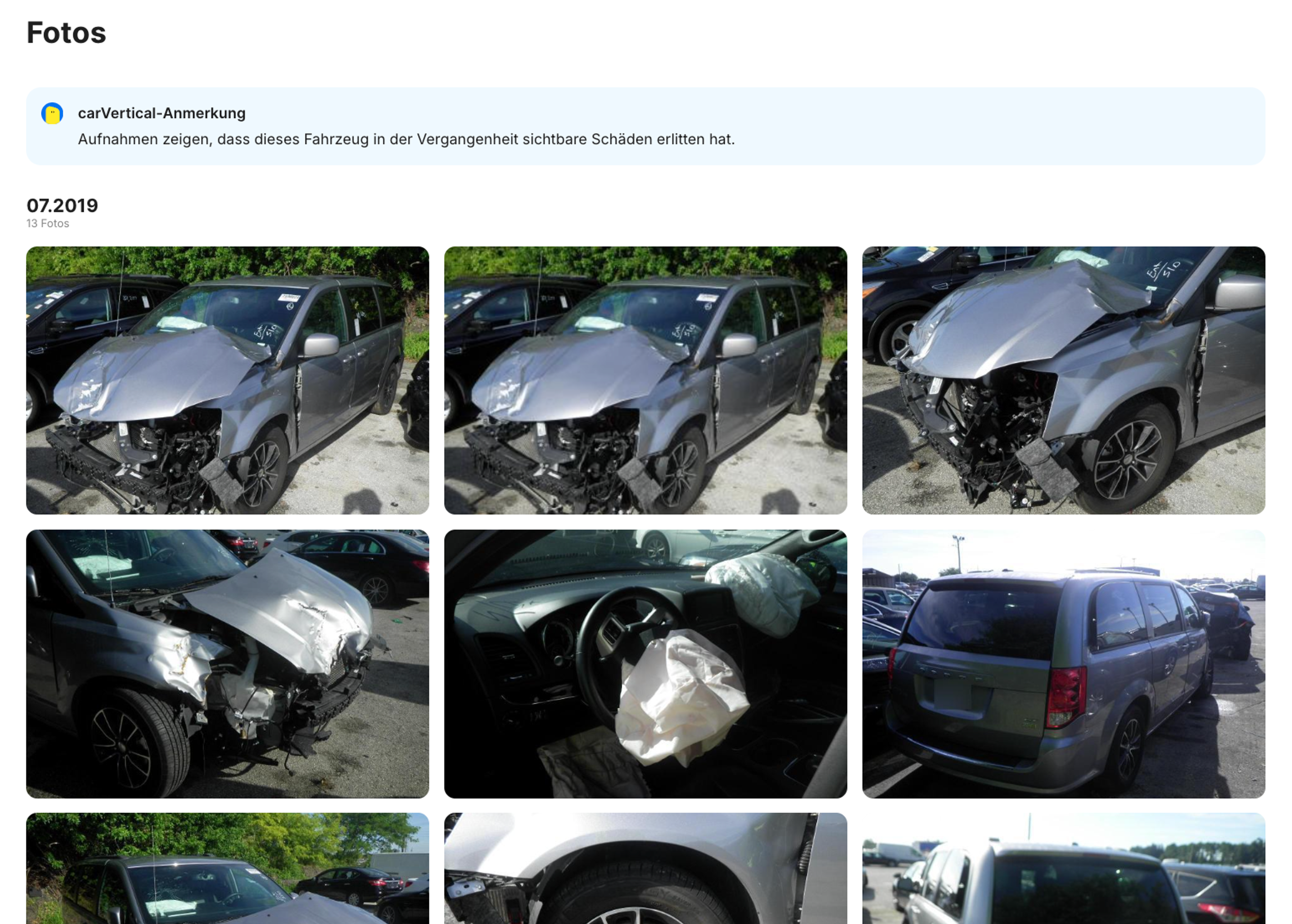 Fotos von beschädigten Autos im carVertical-Bericht