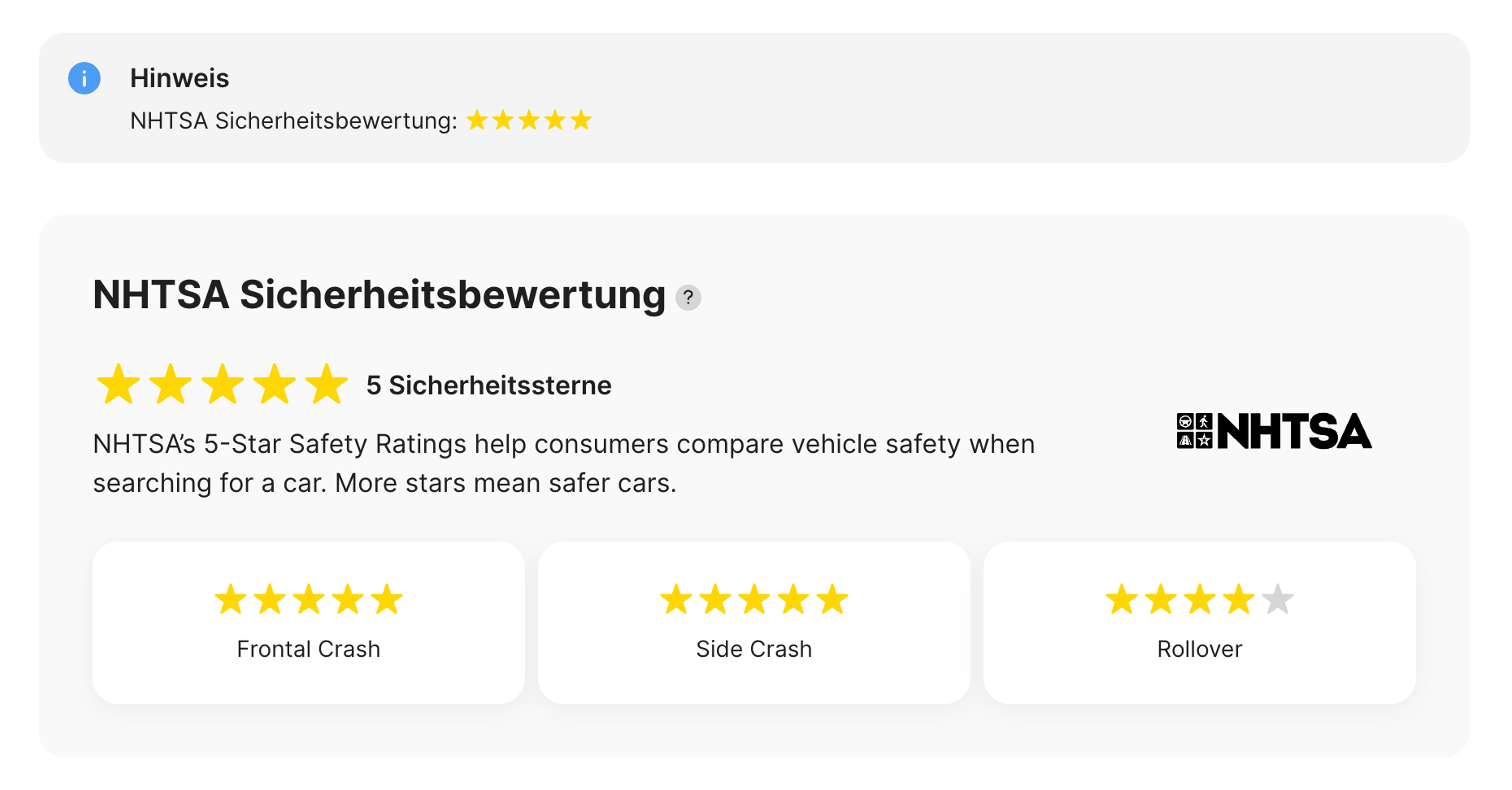 NHTSA-Abschnitt im carVertical-Bericht