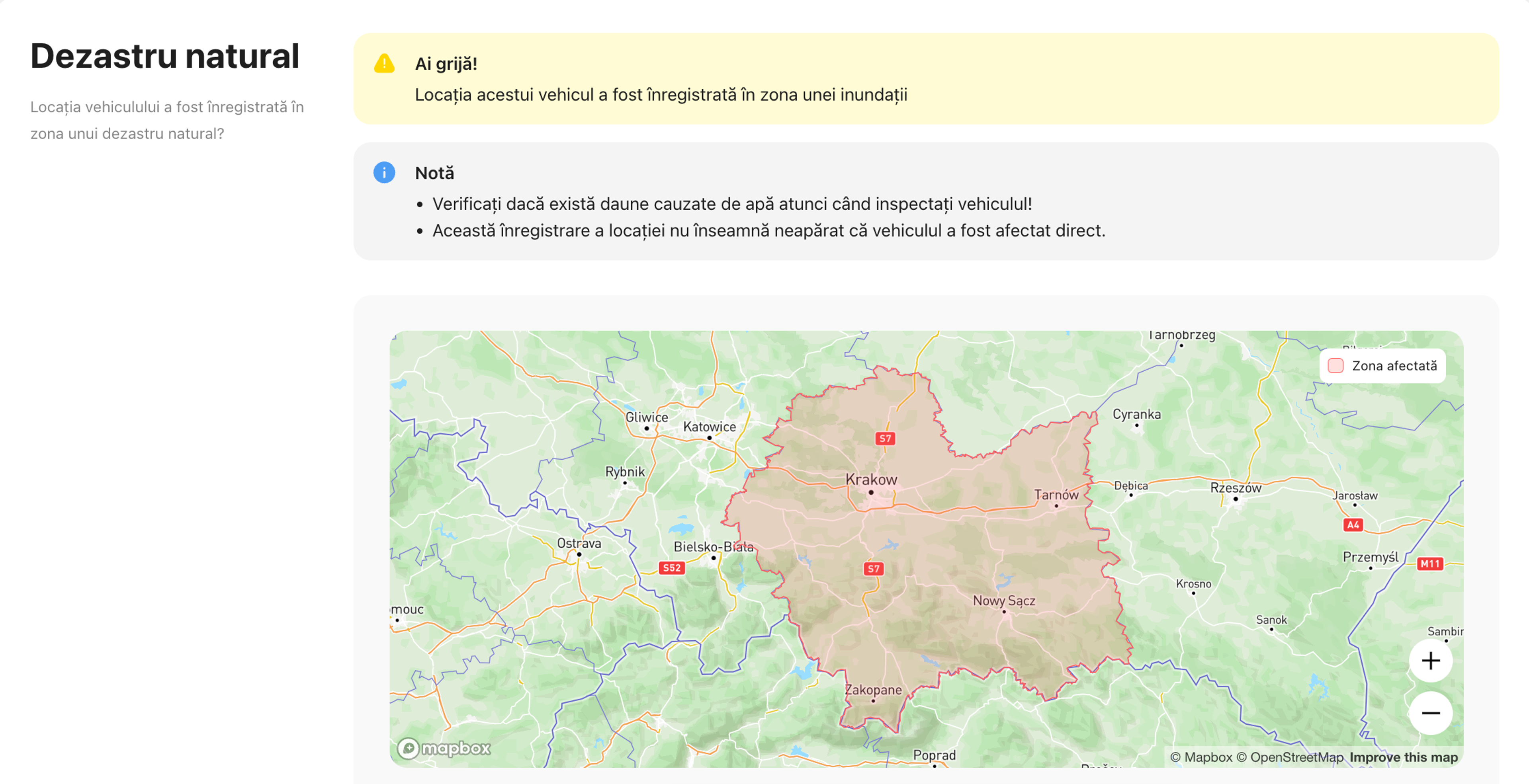 Înregistrarea inundațiilor găsită în raportul de istoric al vehiculului carVertical