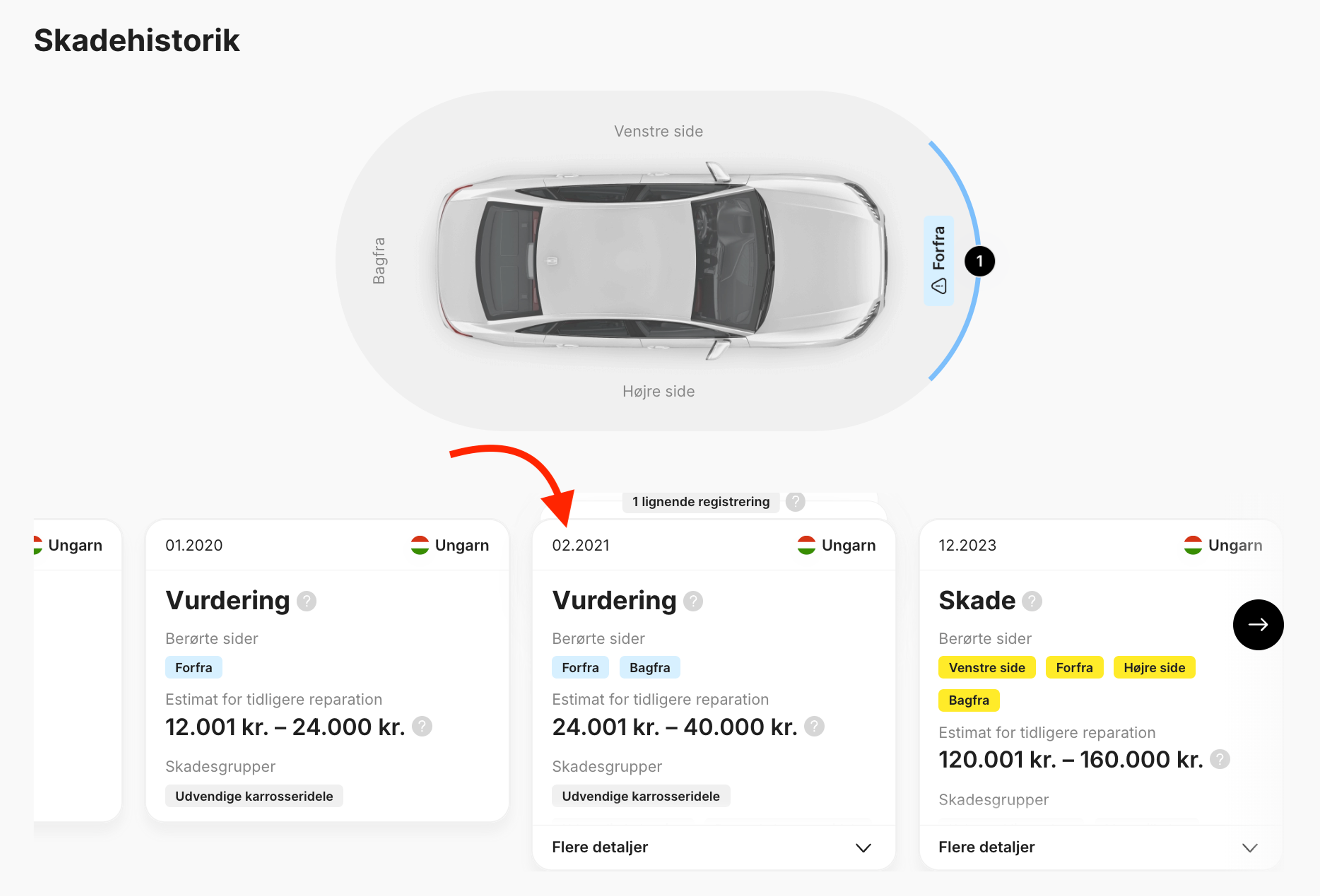 Skader og Vurderinger i carVertical-rapporten