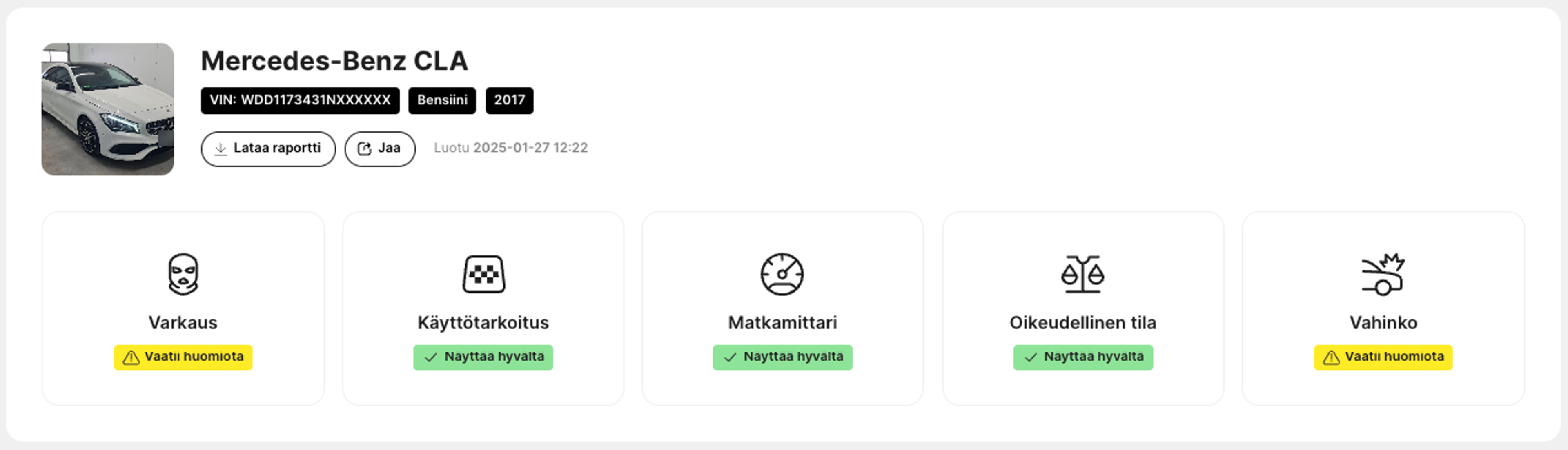Ajoneuvon historiaraportti, joka näyttää tiedot varkauksista ja vaurioista
