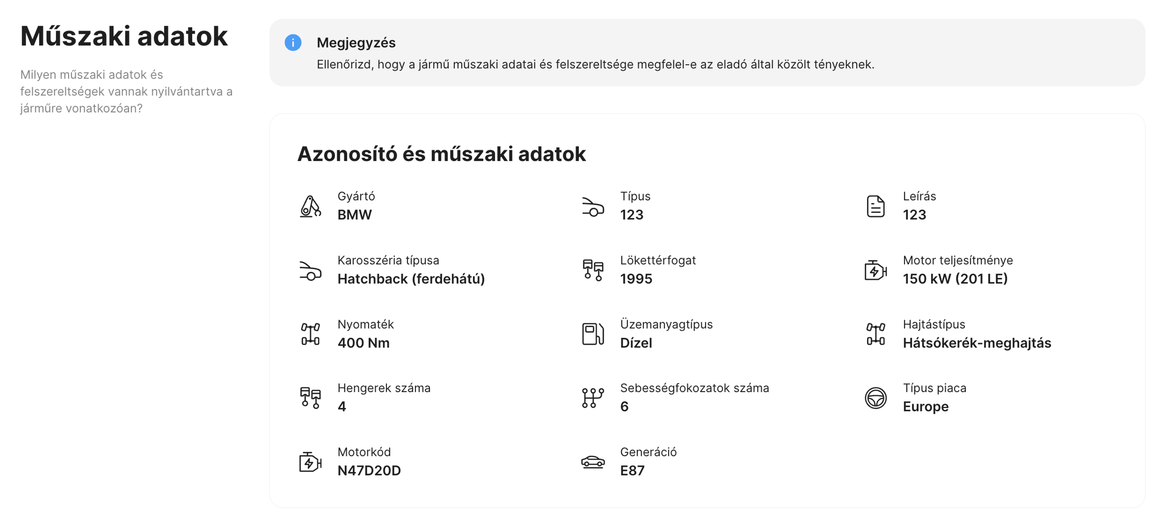 Egy jármű műszaki adatai a carVertical járműtörténeti jelentésben