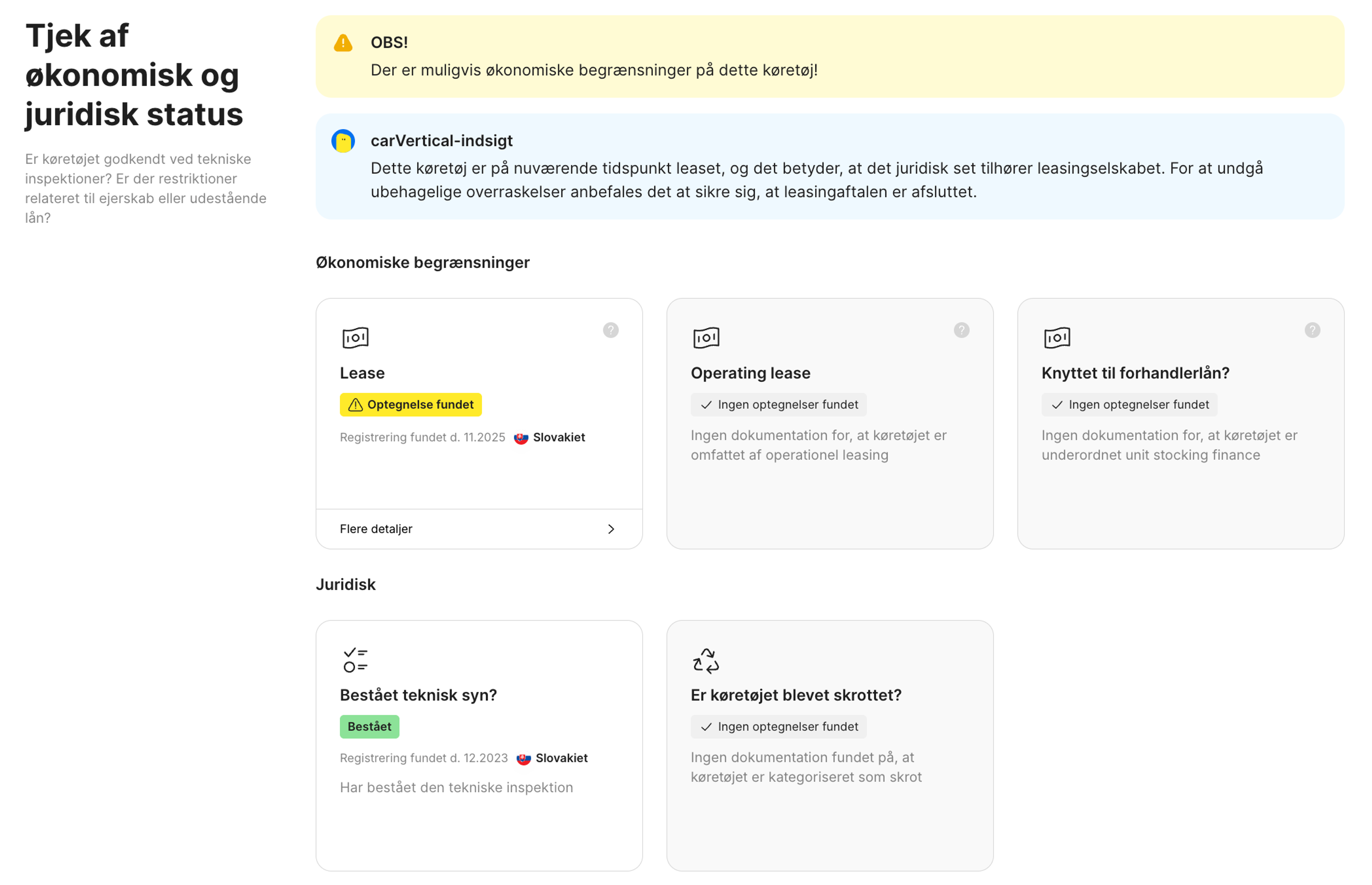 Kontrol af finansiel og juridisk status i carVertical-rapporten