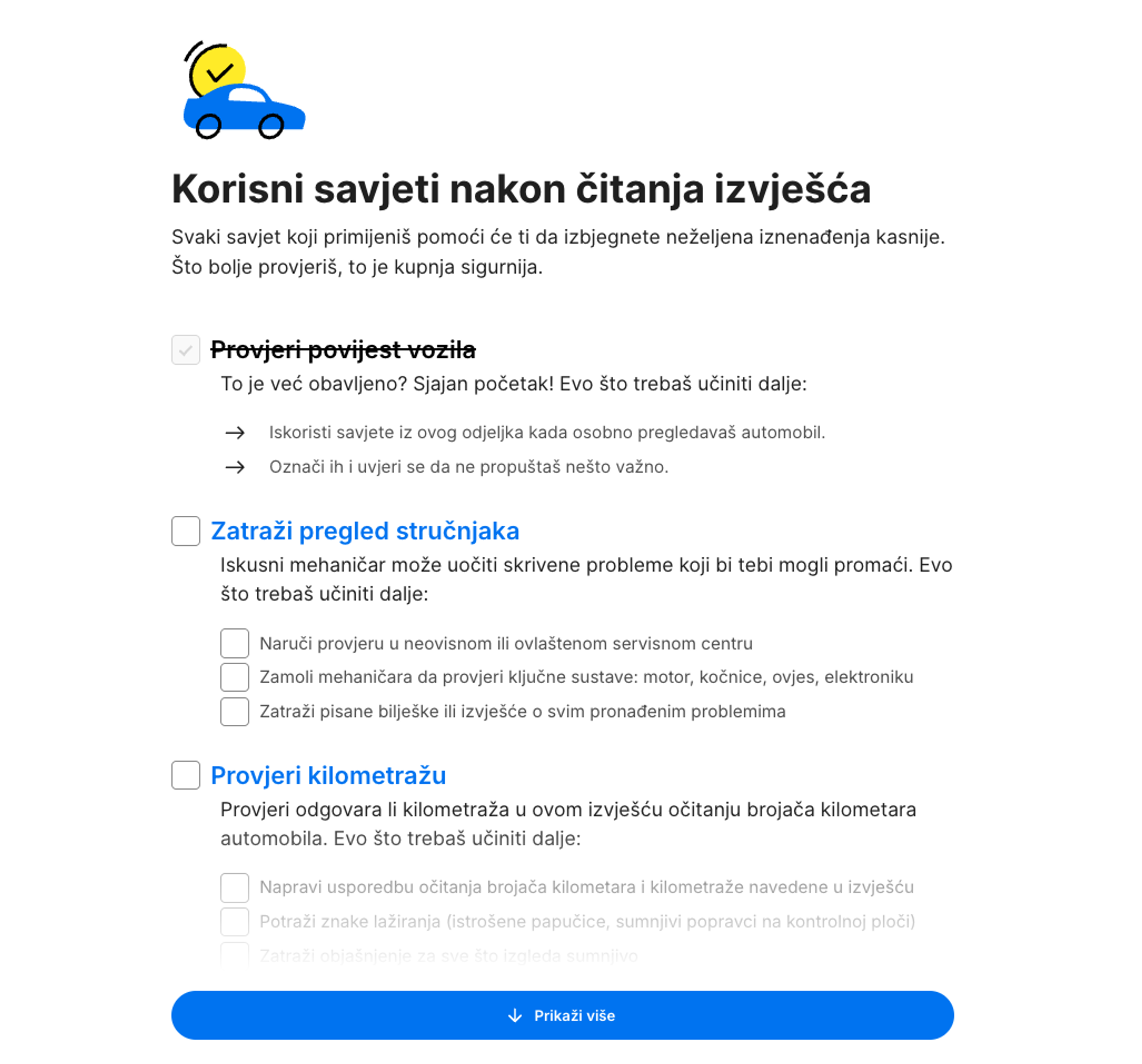 Kontrolni popis „Što je sljedeće?“ na kraju izvješća carVerticala