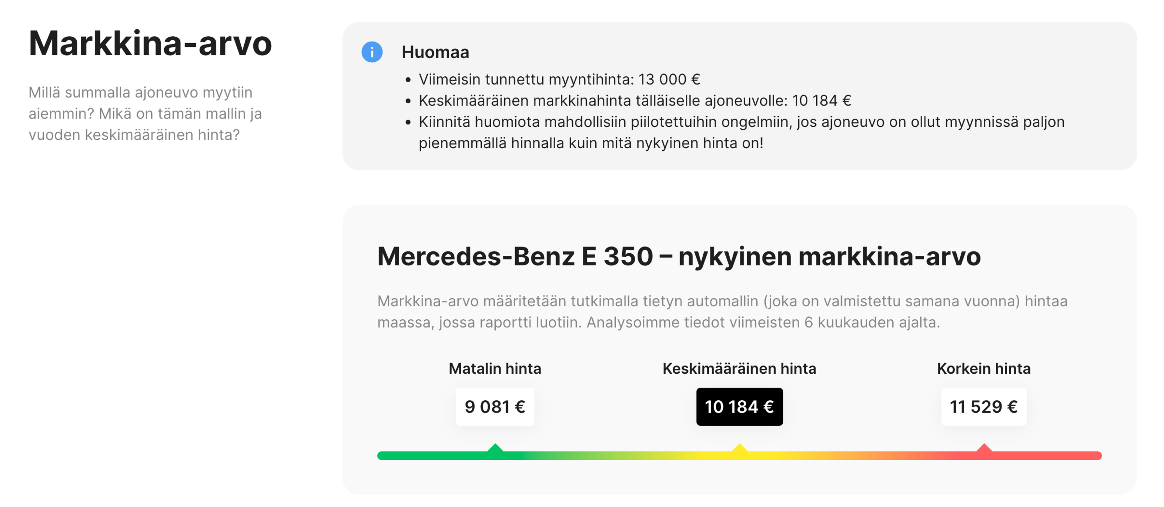 Mercedes-Benz E 350:n markkina-arvo carVerticalin raportissa