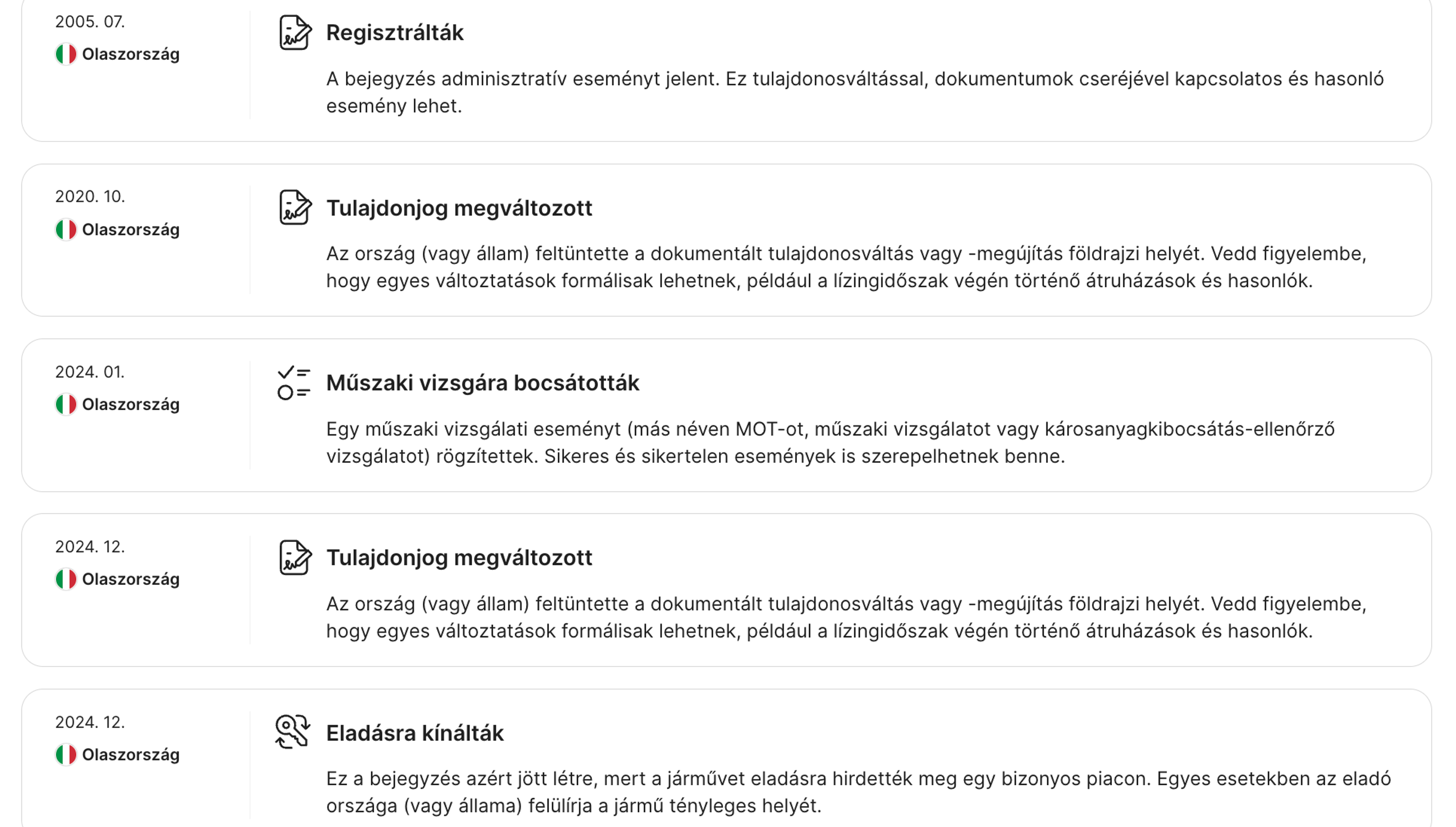 Gyakori tulajdonosváltások egy carVertical jelentés Idővonal szakaszában