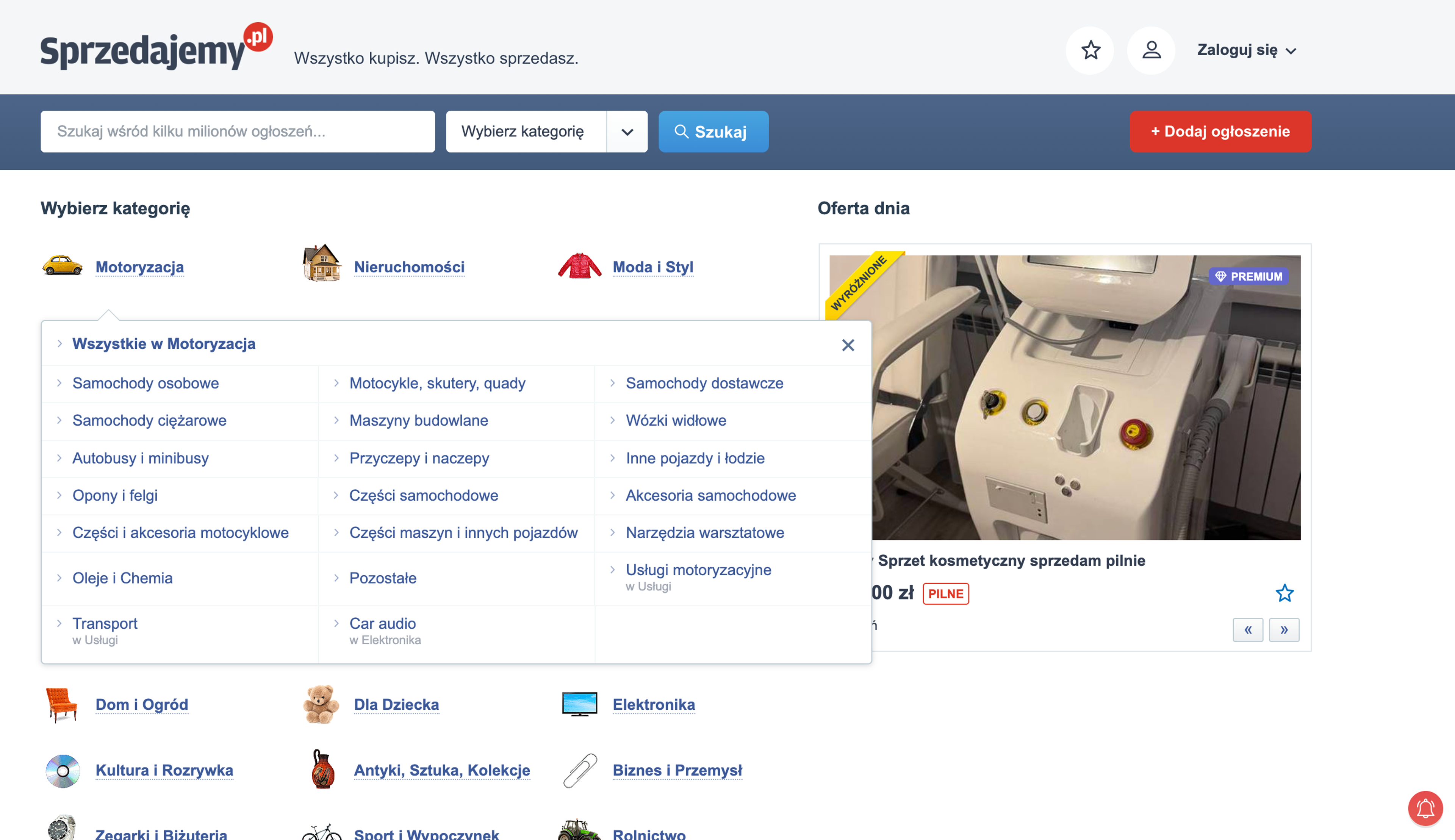 Kategoria motoryzacyjna w serwisie Sprzedajemy