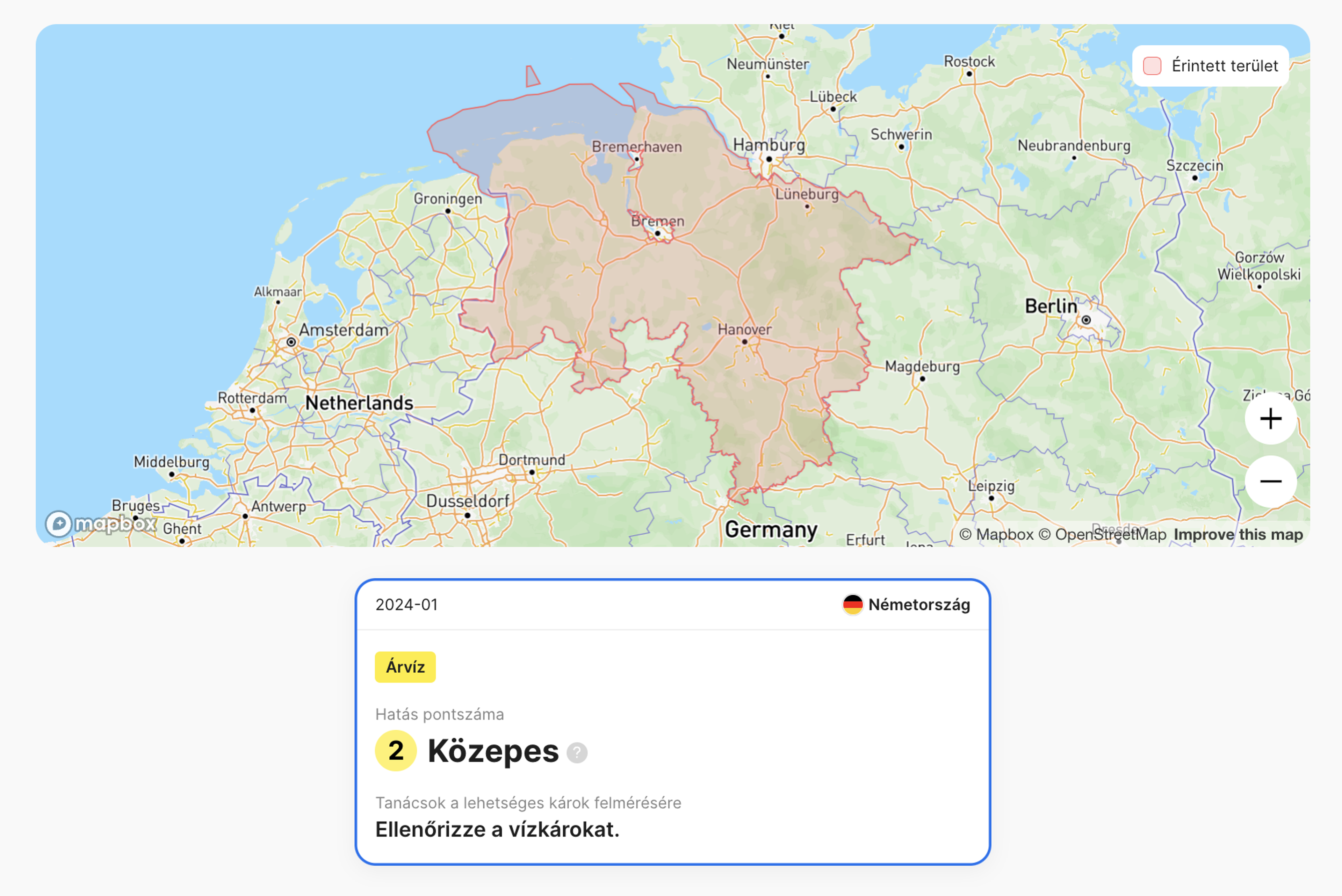 Árvízkárbejegyzés egy carVertical járműtörténeti jelentésben