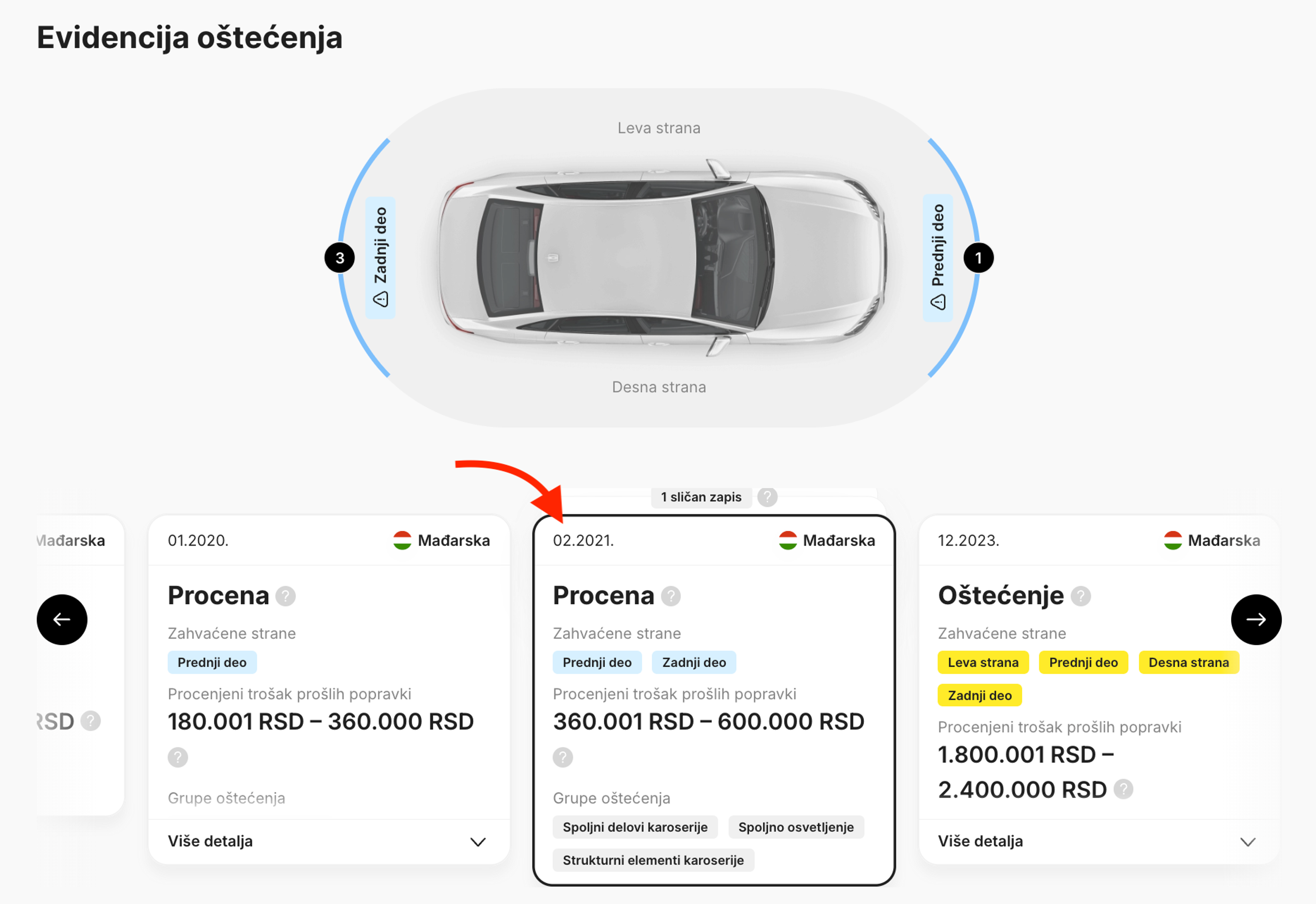 Kartice Oštećenja i Procene u carVertical izveštaju