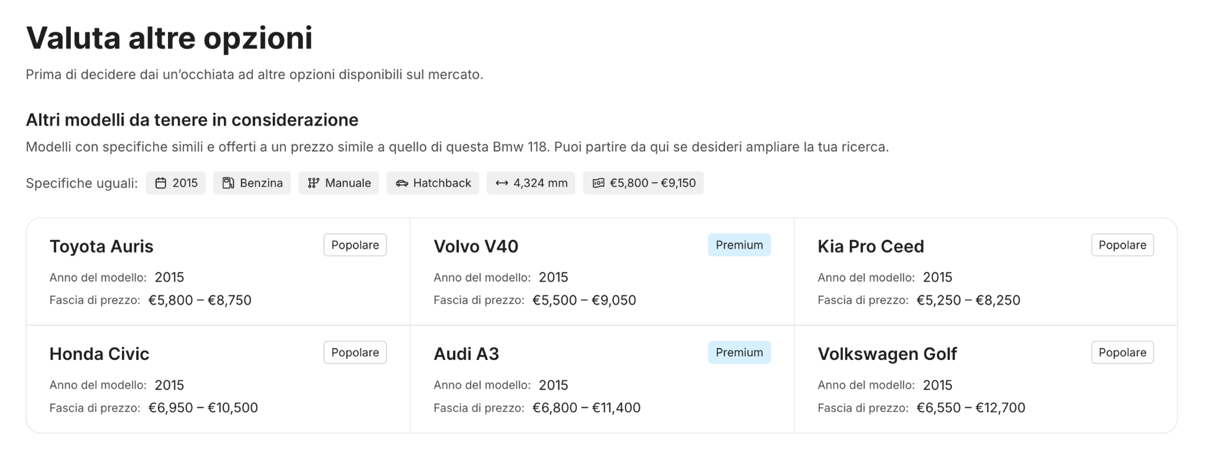 Sezione Veicoli alternativi del report di carVertical