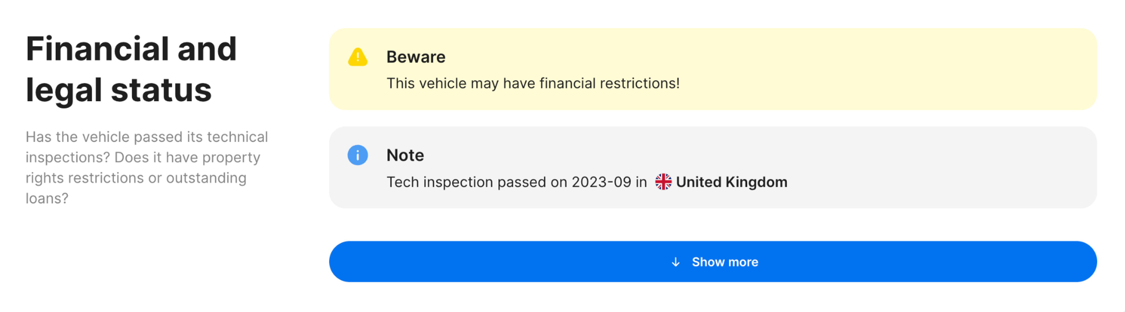 financial and legal status feature in carVertical report