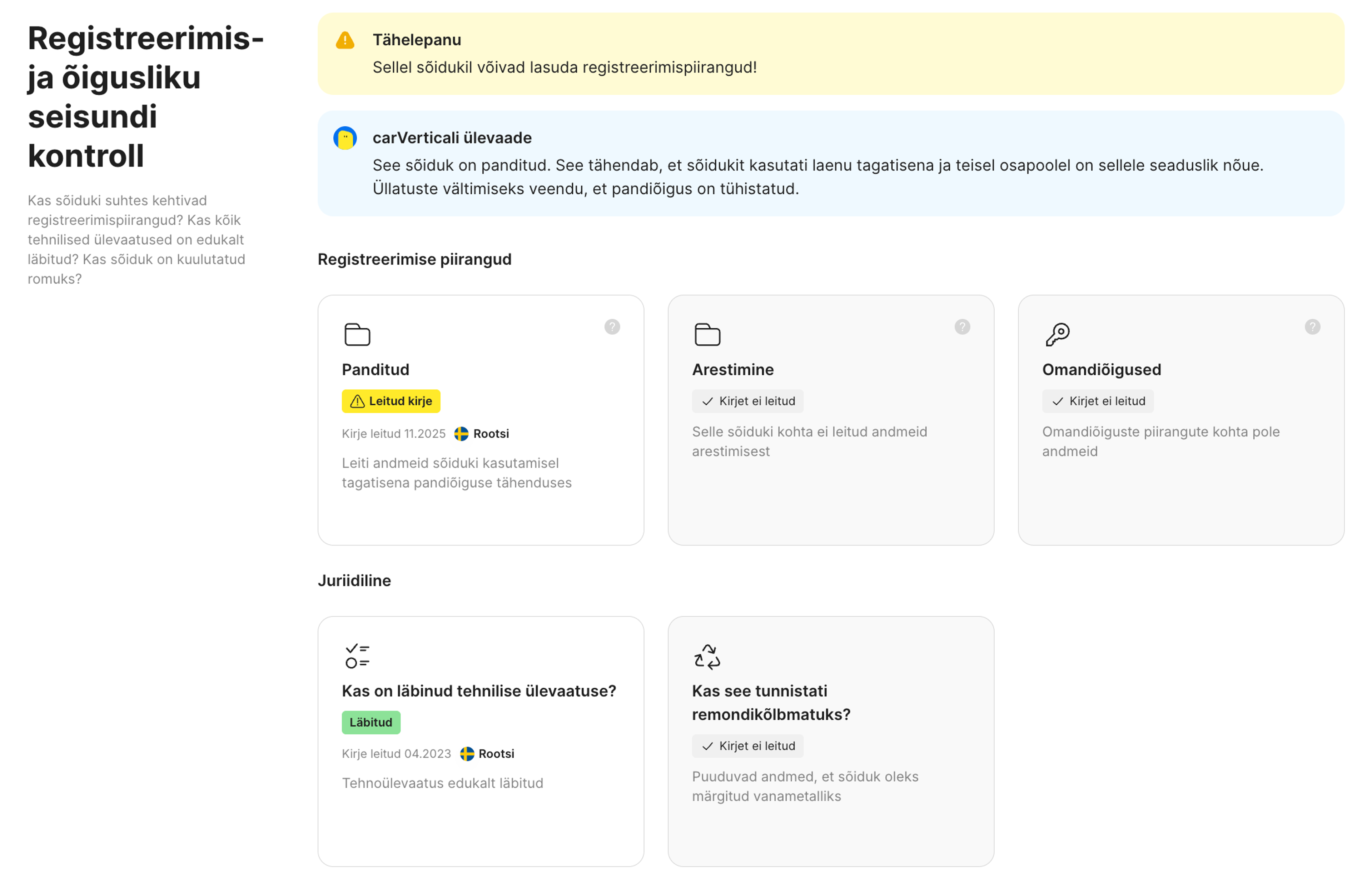 Registreerimis- ja õigusliku staatuse funktsioon carVerticali aruandes