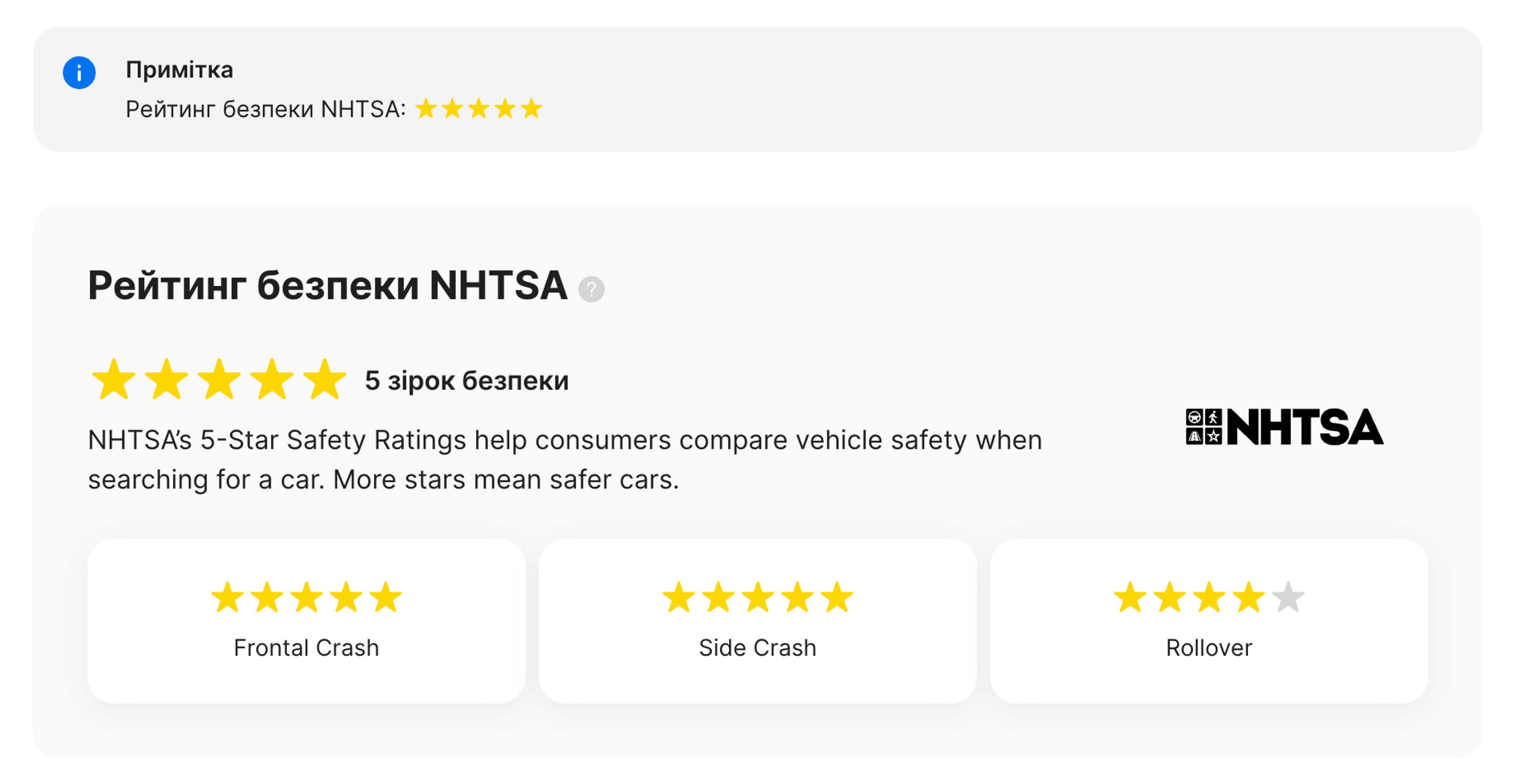 Розділ NHTSA у звіті carVertical