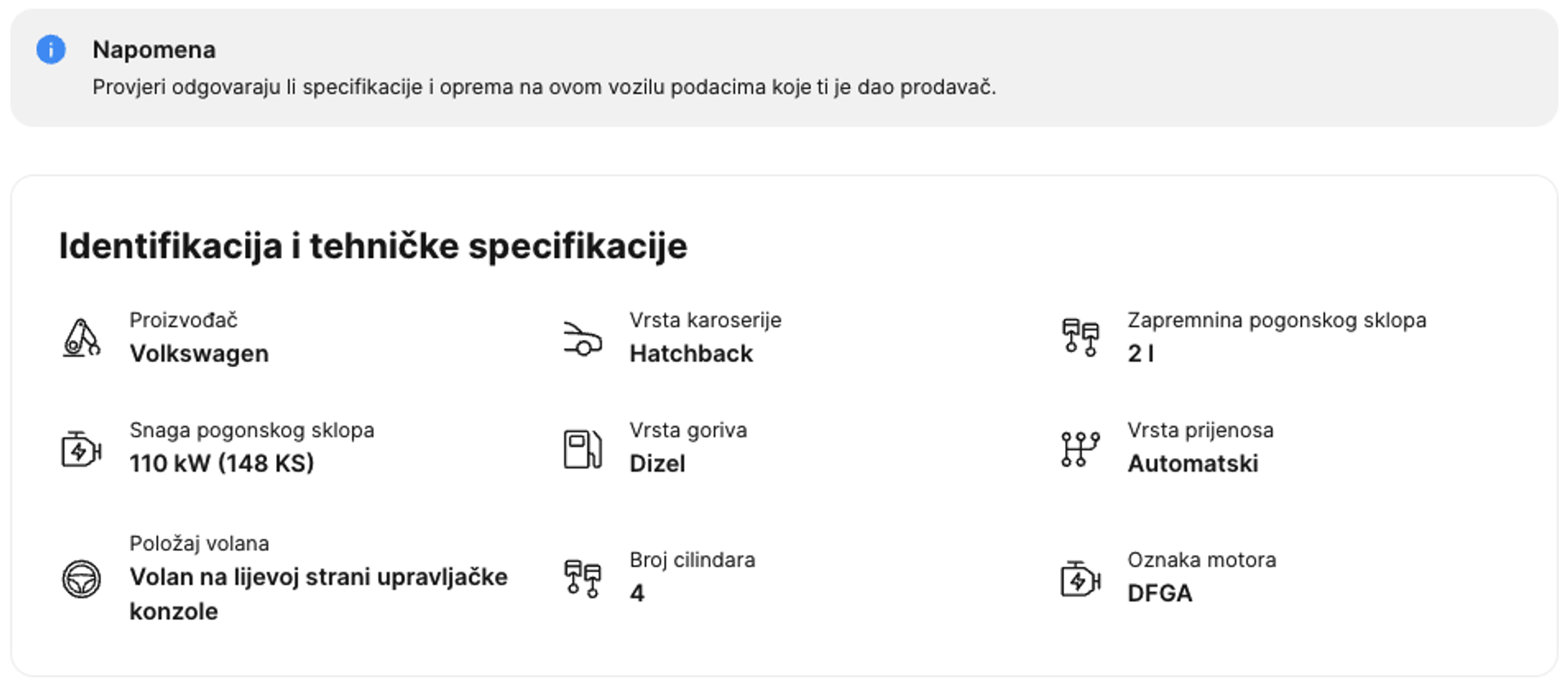 Specifikacije i oprema u carVertical izvješću o povijesti vozila