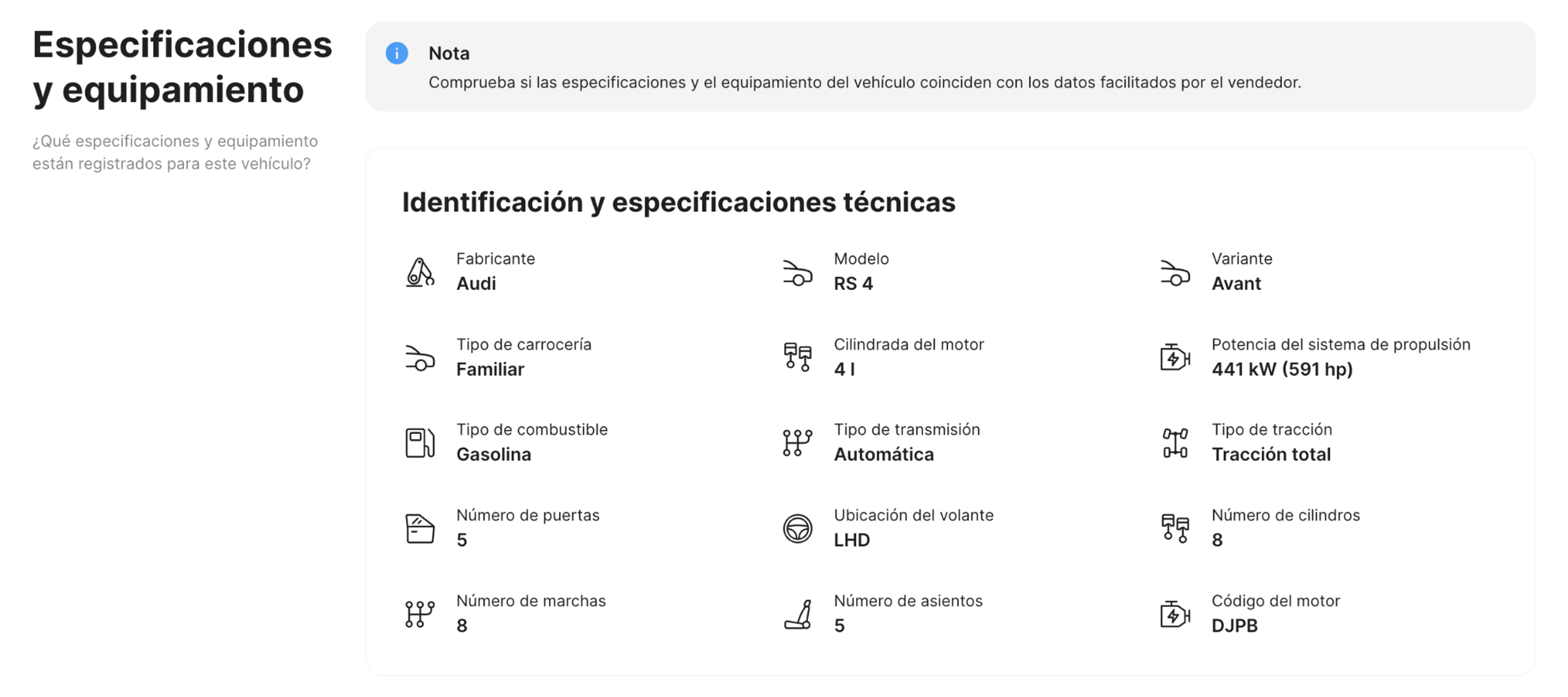 Sección de especificaciones y equipamiento en el informe carVertical