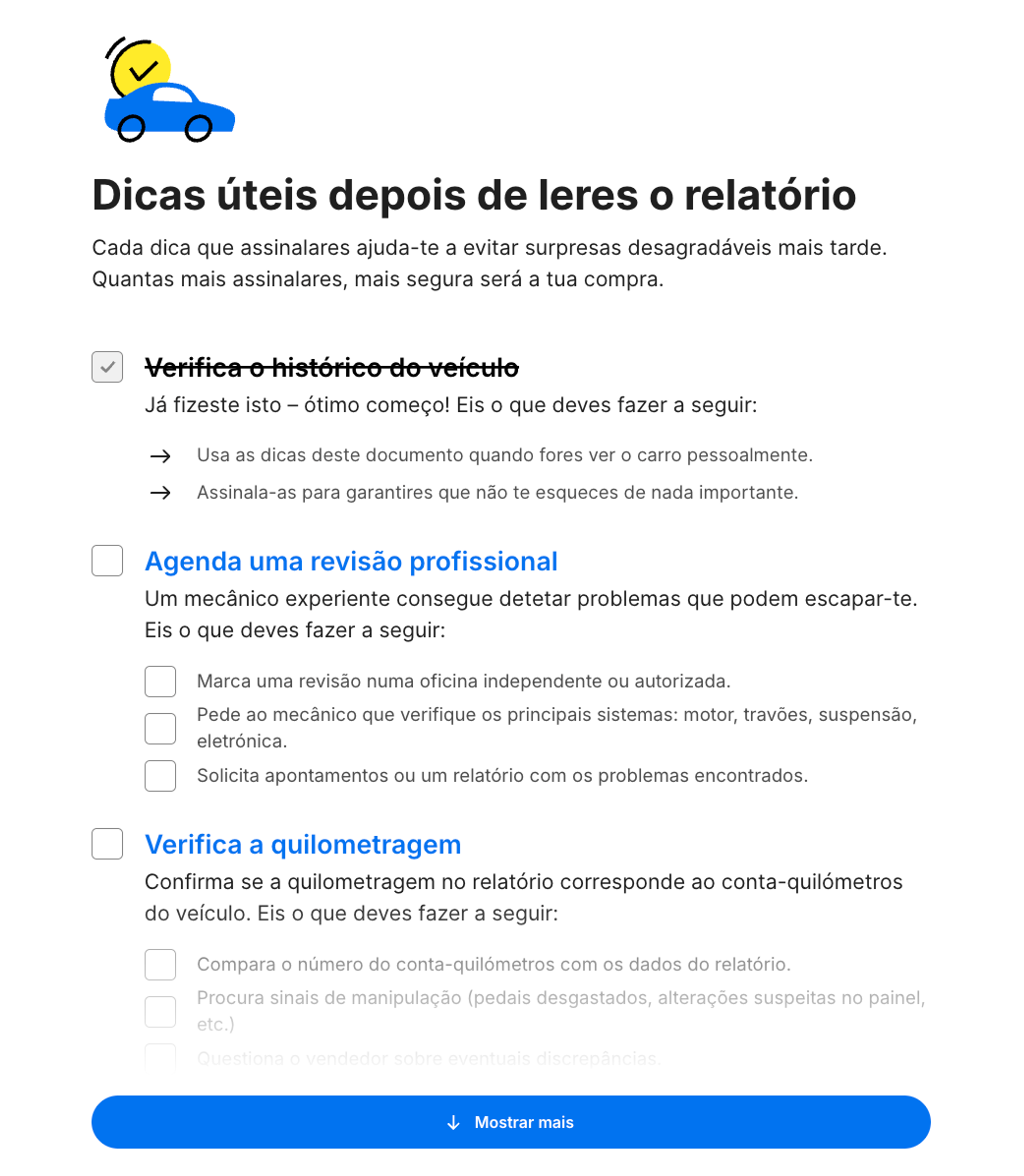 Lista de verificação “E agora?” num relatório histórico da carVertical