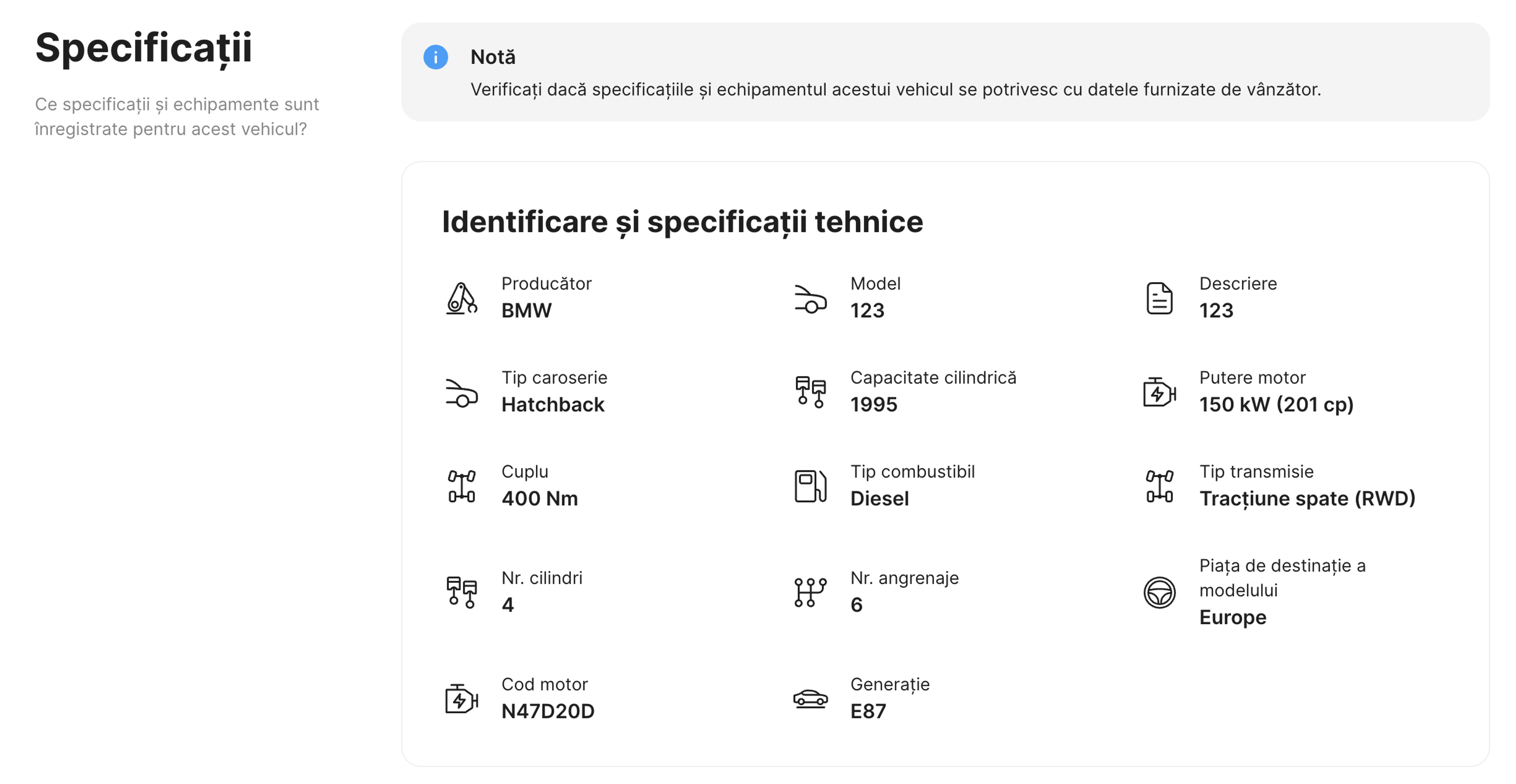 Specificațiile vehiculului prezentate într-un raport de istoric carVertical