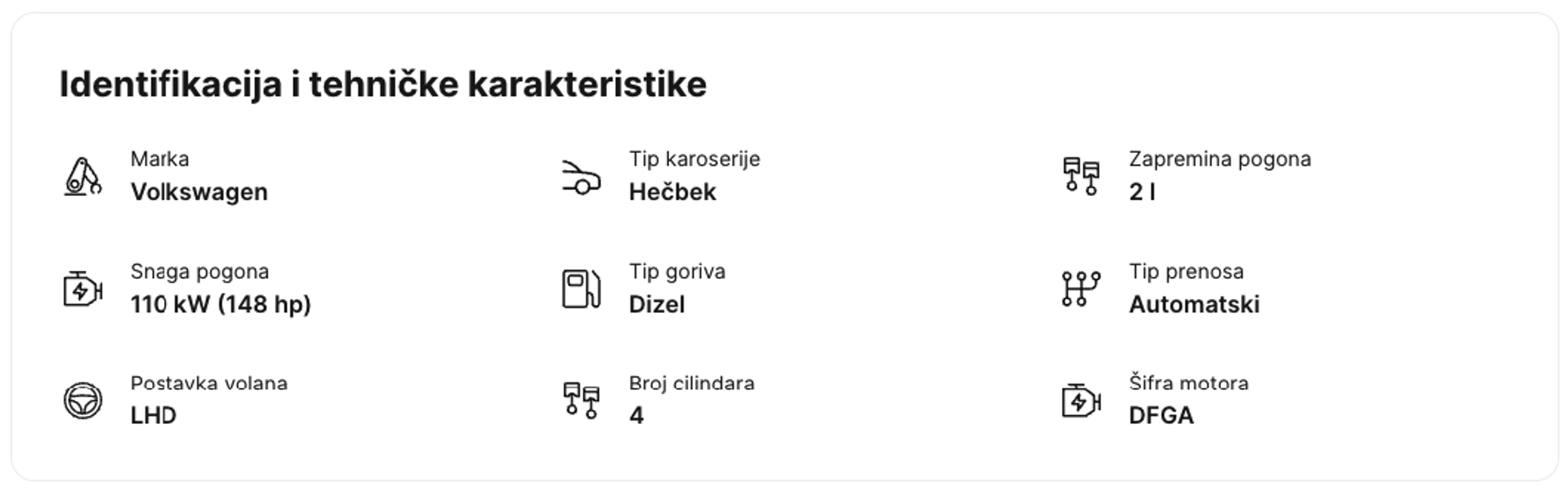 Specifikacije i oprema u izveštaju o istoriji vozila carVertical
