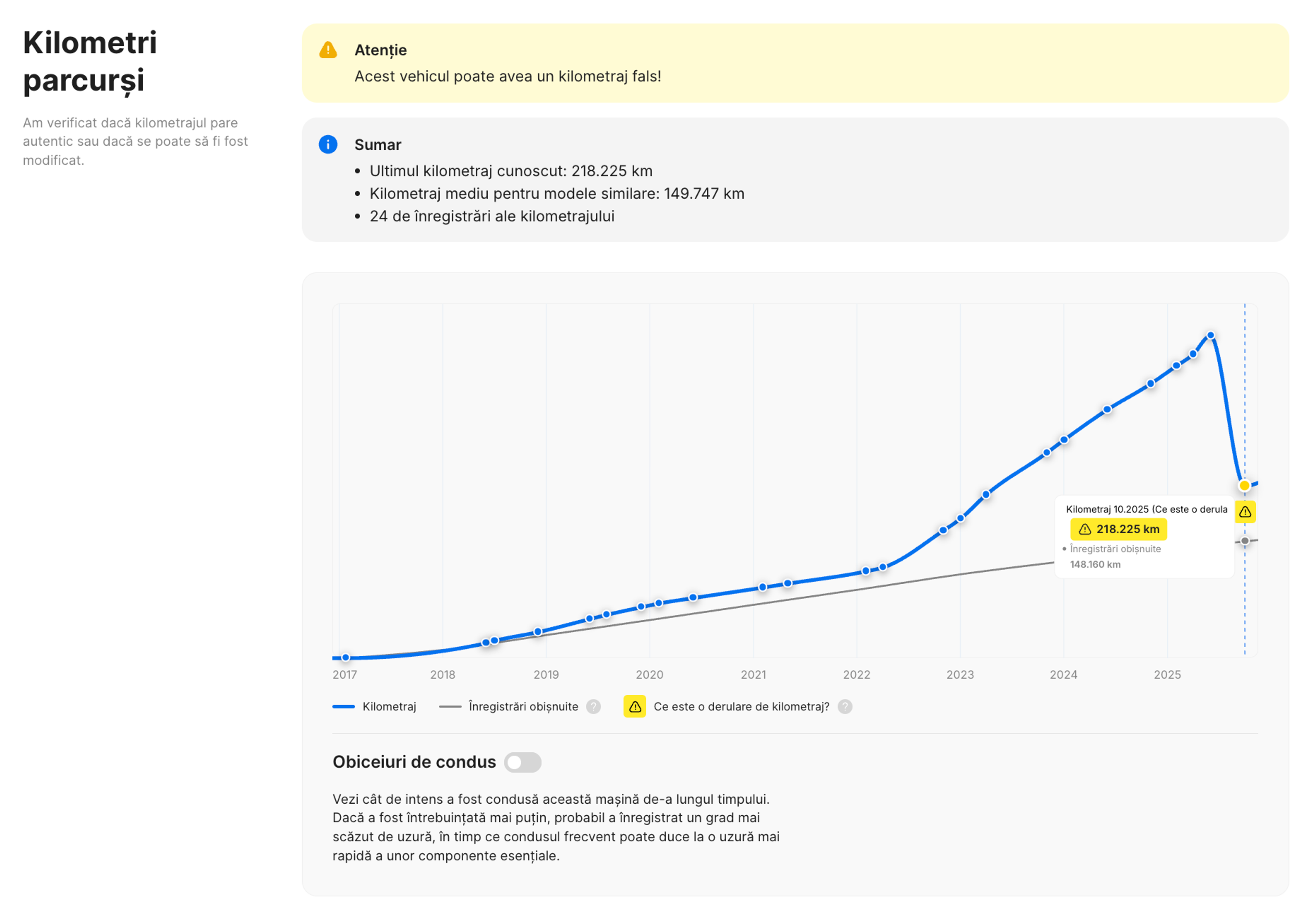 Un istoric de corecție a kilometrajului într-un raport carVertical