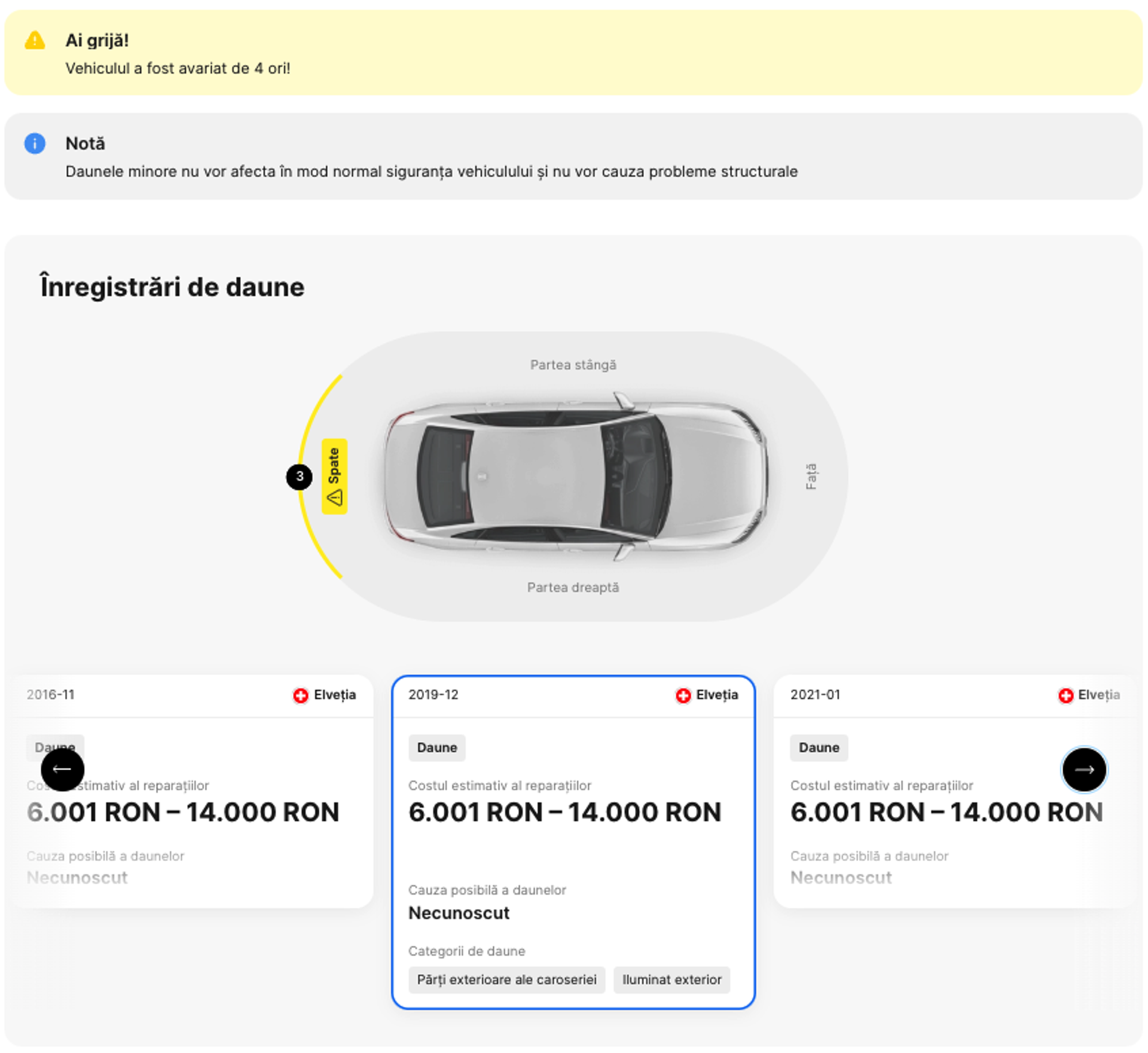 secțiunea de daune într-un raport carVertical