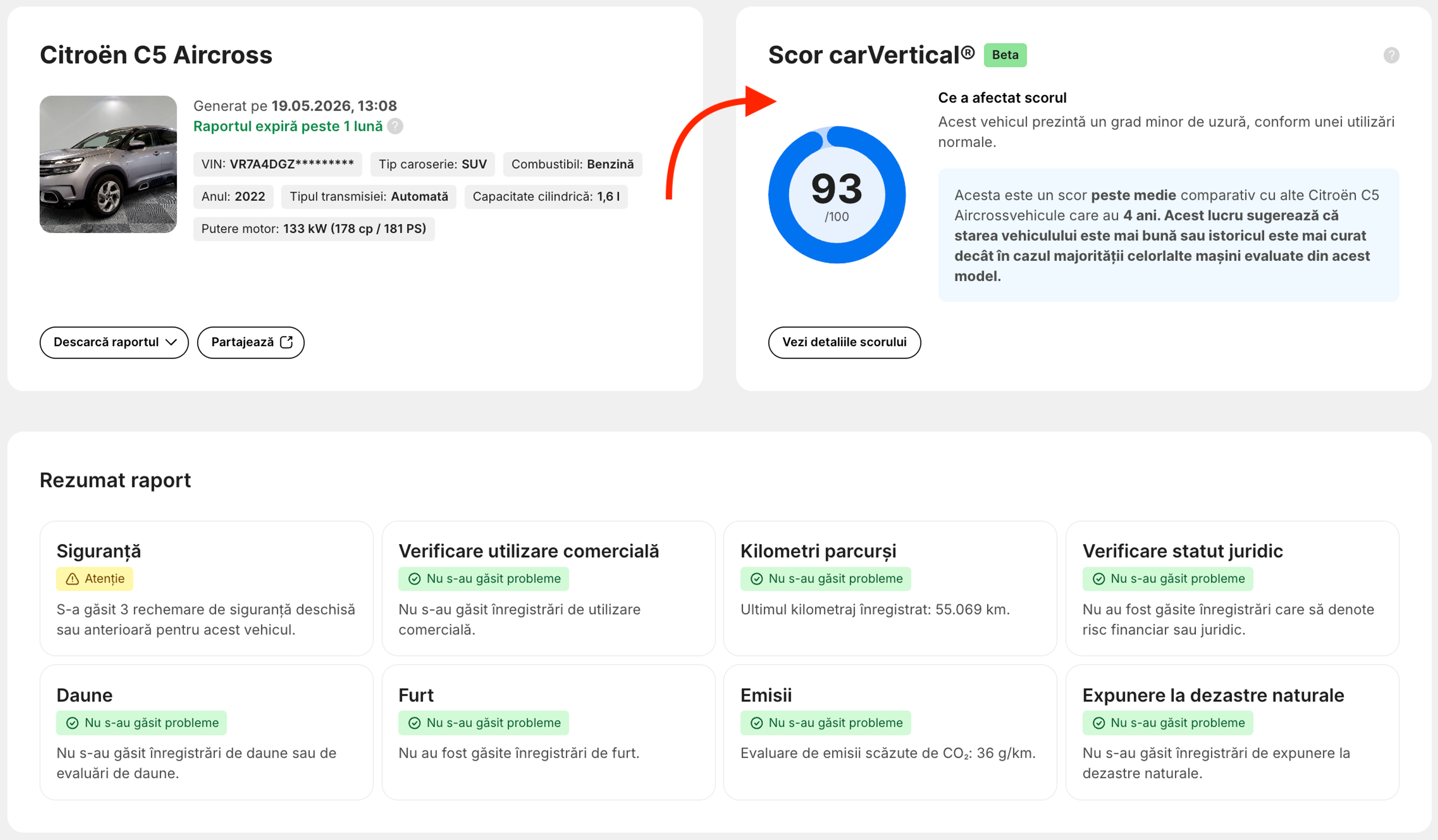 Extras dintr-un raport de istoric auto care prezintă Scorul carVertical