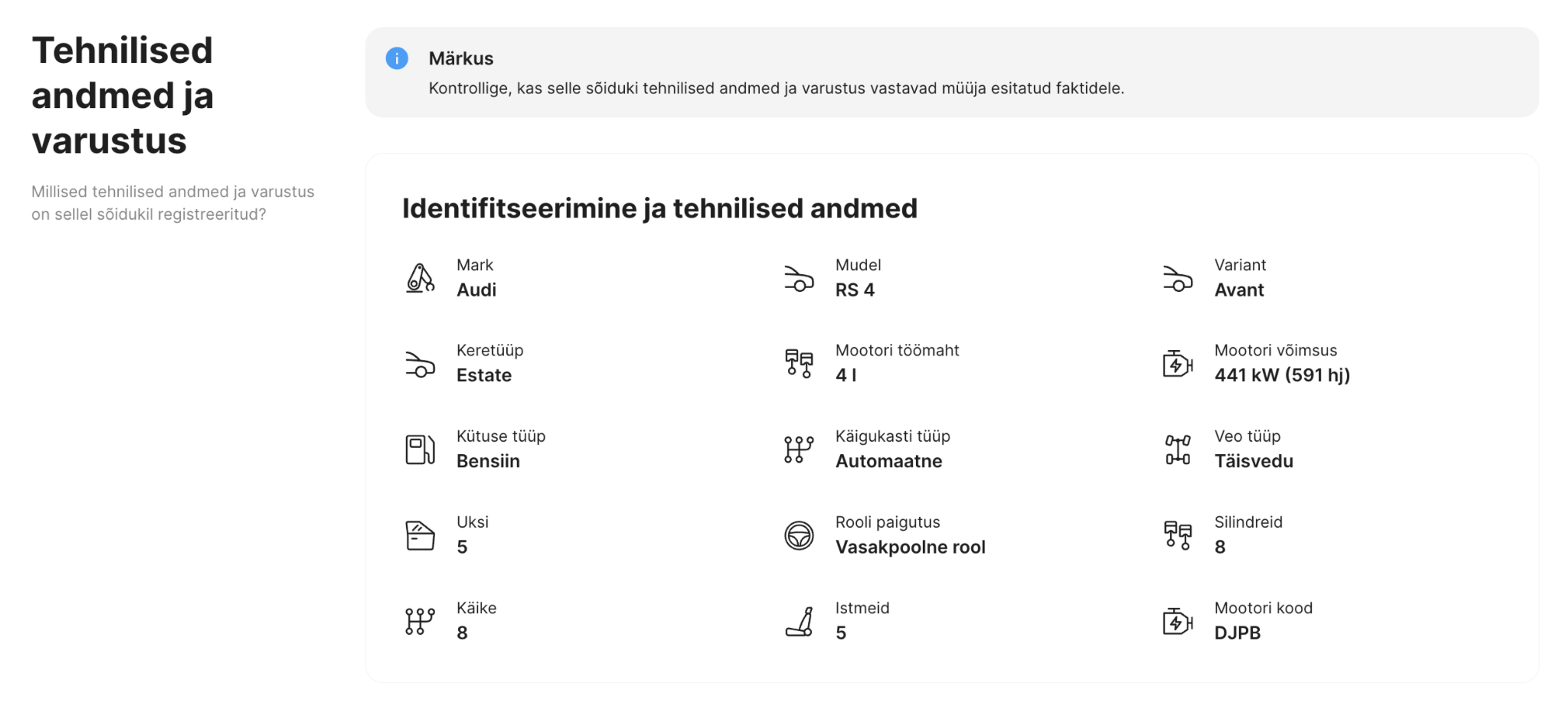 Tehniliste andmete ja varustuse jaotis carVerticali aruandes
