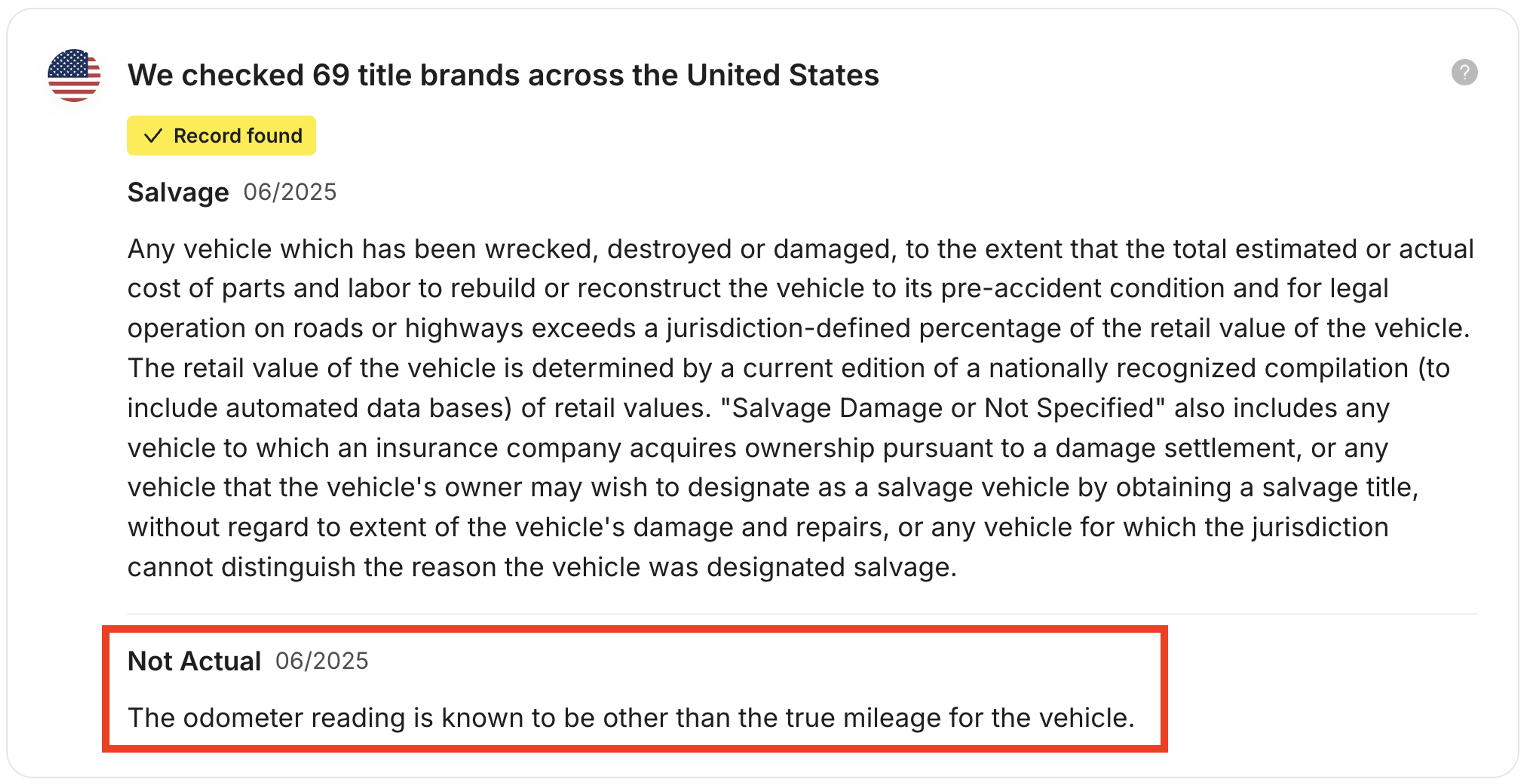 “Not Actual” odometer brand in a car’s history