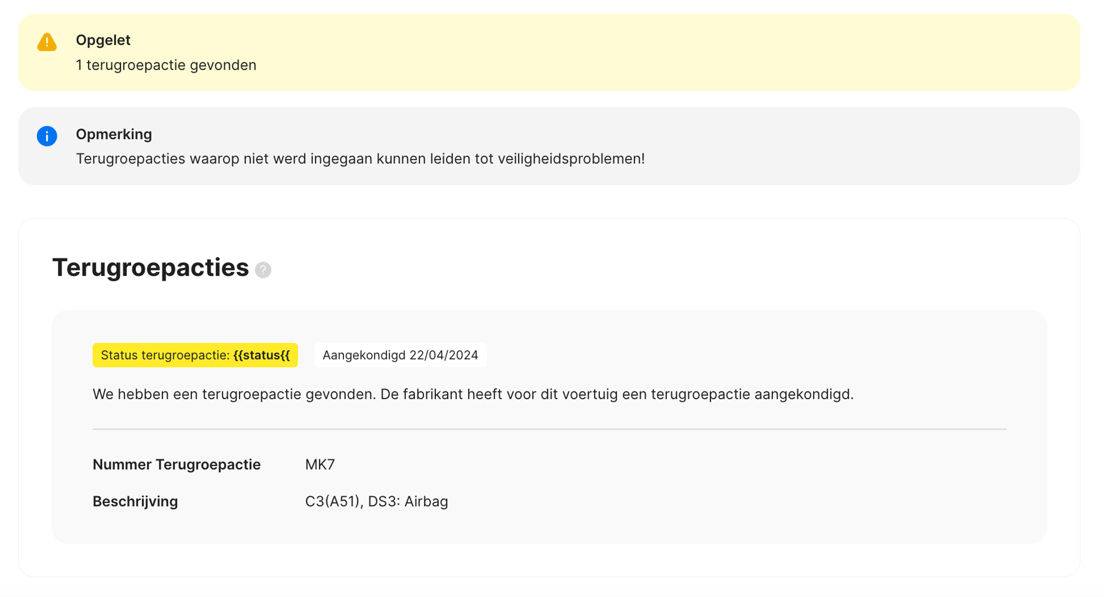 Terugroepactie in carVertical-rapport