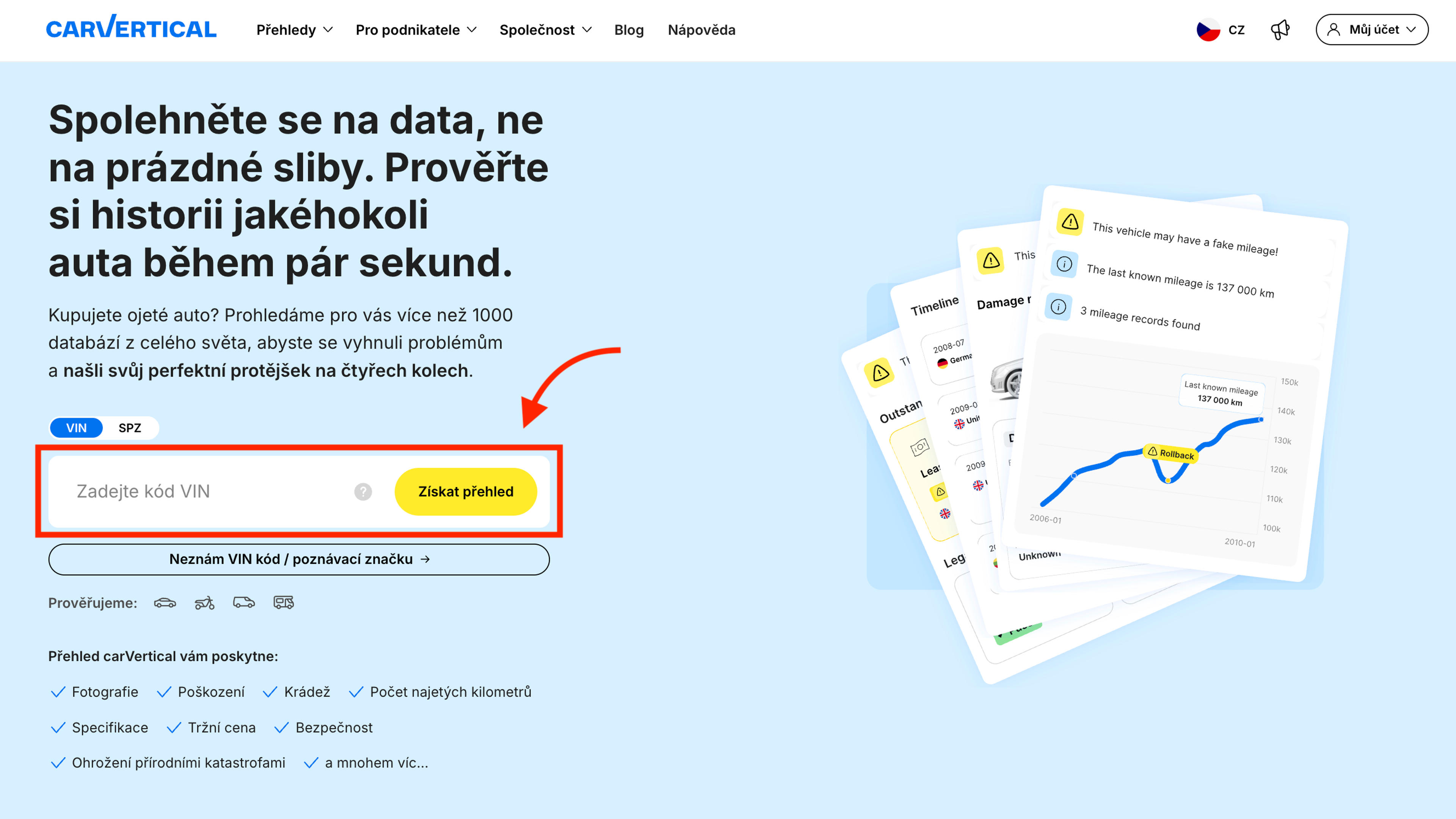Pole pro zadání kódu VIN na webu carVertical