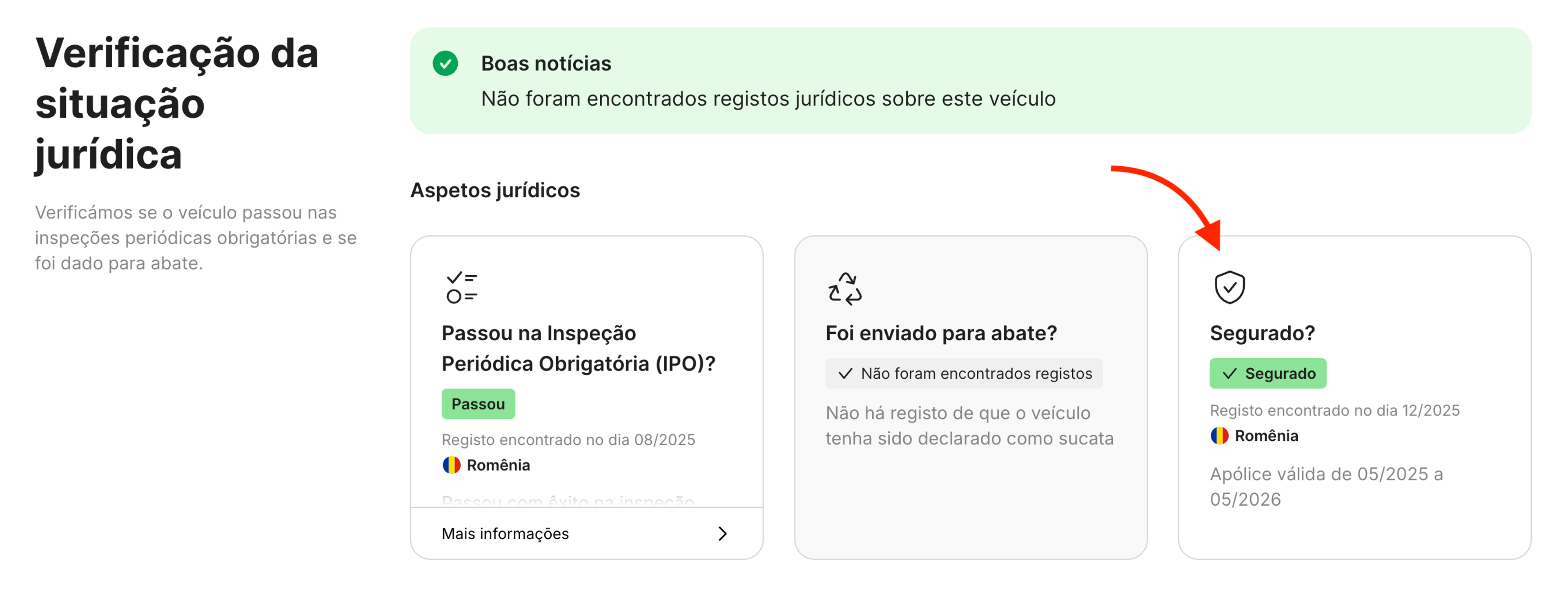 Cartão do Seguro na secção “Verificação da situação jurídica”