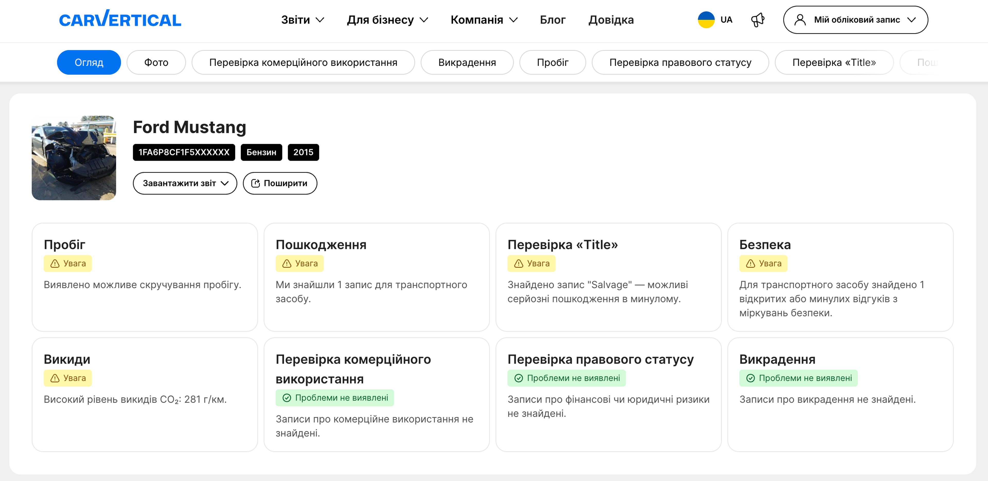 Розділи звіту carVertical про історію транспортного засобу